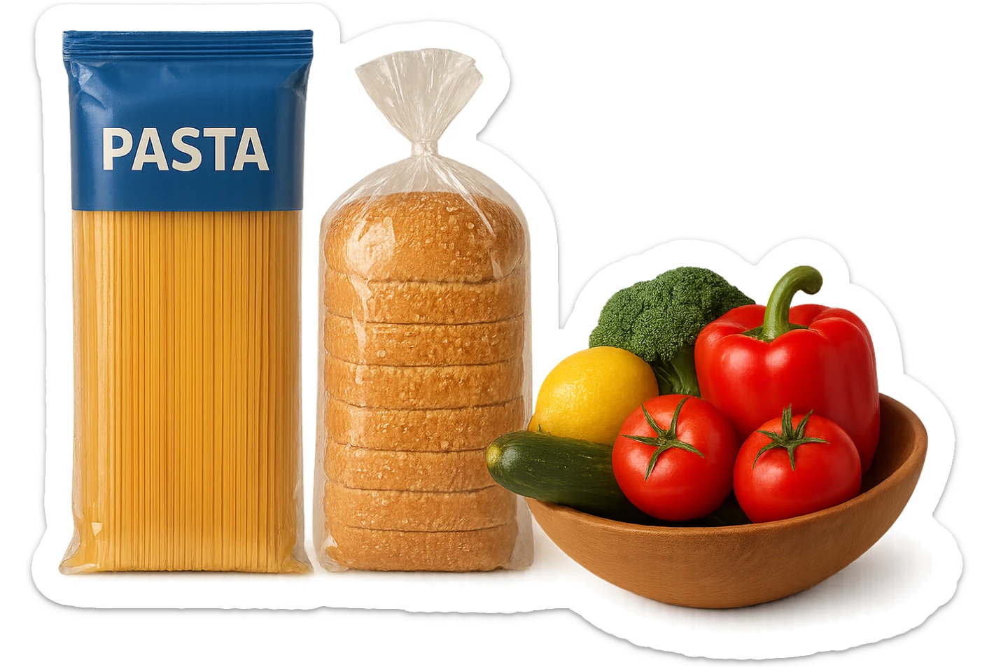 pacco di pasta realistico, pacco di pane, bowl di frutta e verdura, 4k sticker