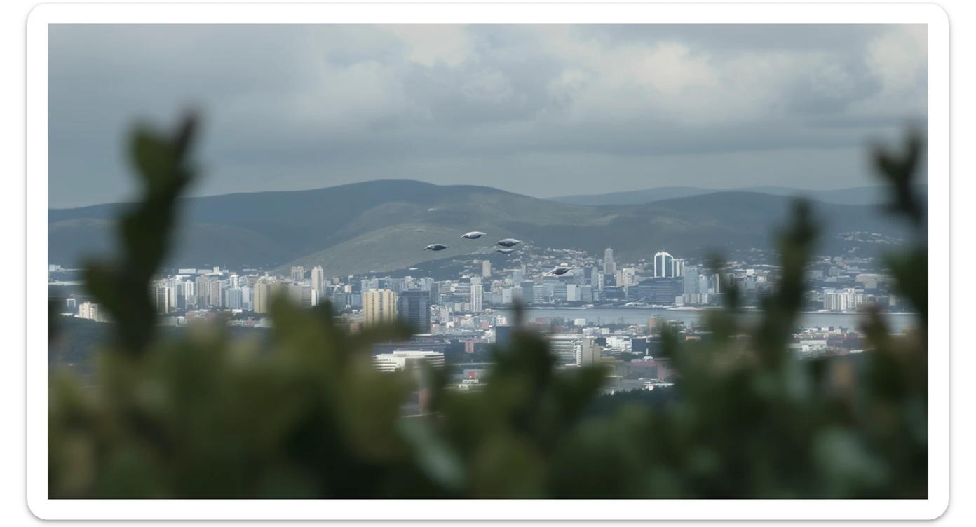 A cinemaatic still of a city, blurred plants in the foreground, whales fly above city sky, rolling hills in the background, cinematic depth of field, layered composition, natural lighting sticker