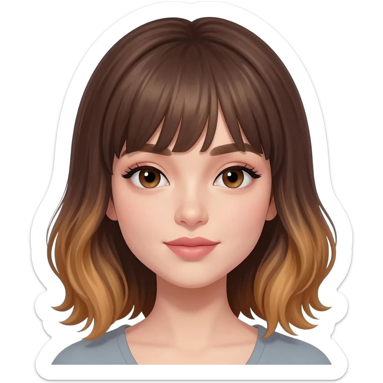 Young woman with soft feminine features and an oval face. Light-brown eyes with subtle eyeliner and lashes, and medium-thick eyebrows. Medium-length layered hair with soft waves and curtain bangs, medium brown with caramel highlights at the ends. sticker
