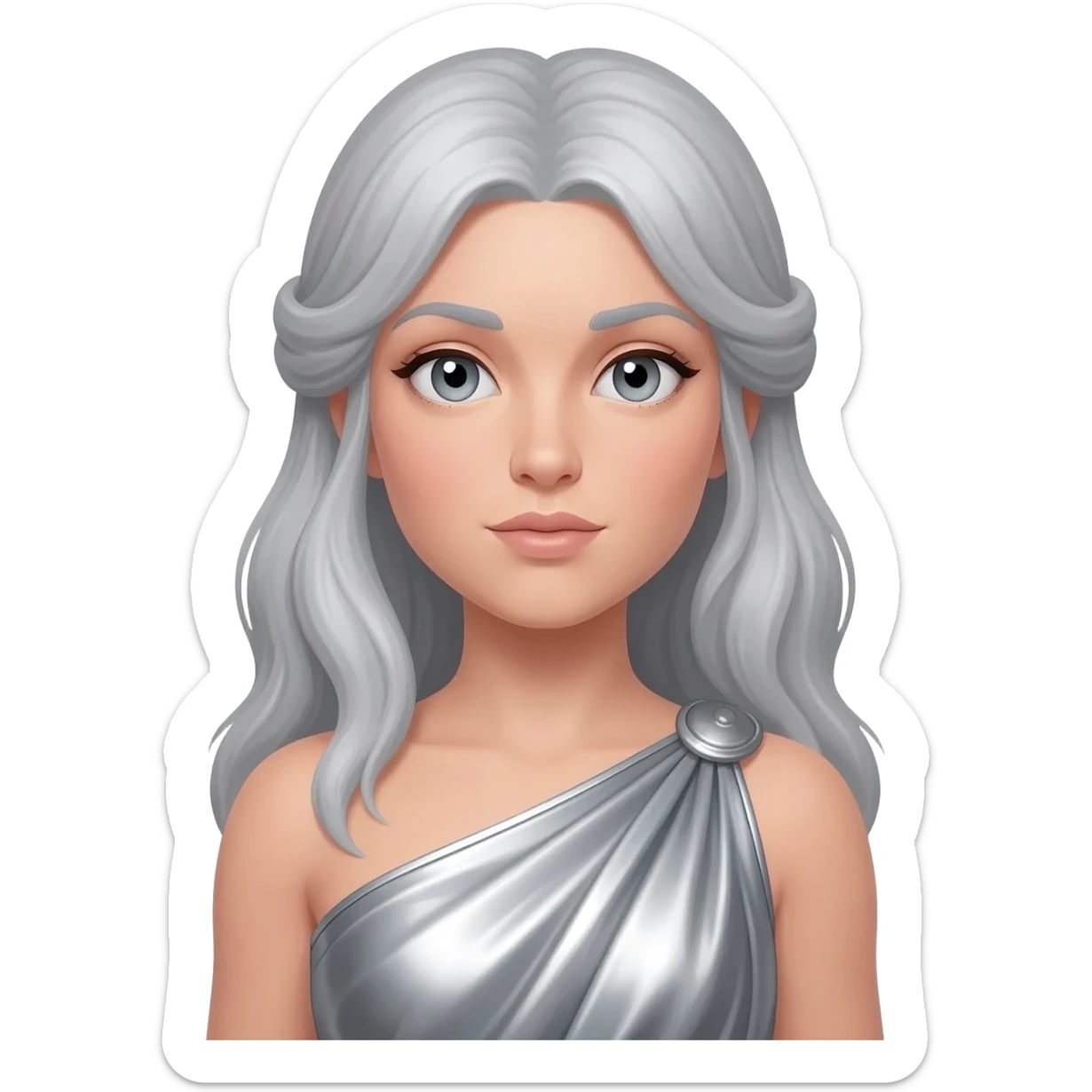 Artemis from Greek Mythology with grey eyes, long silver hair, silver metallic peplos sticker