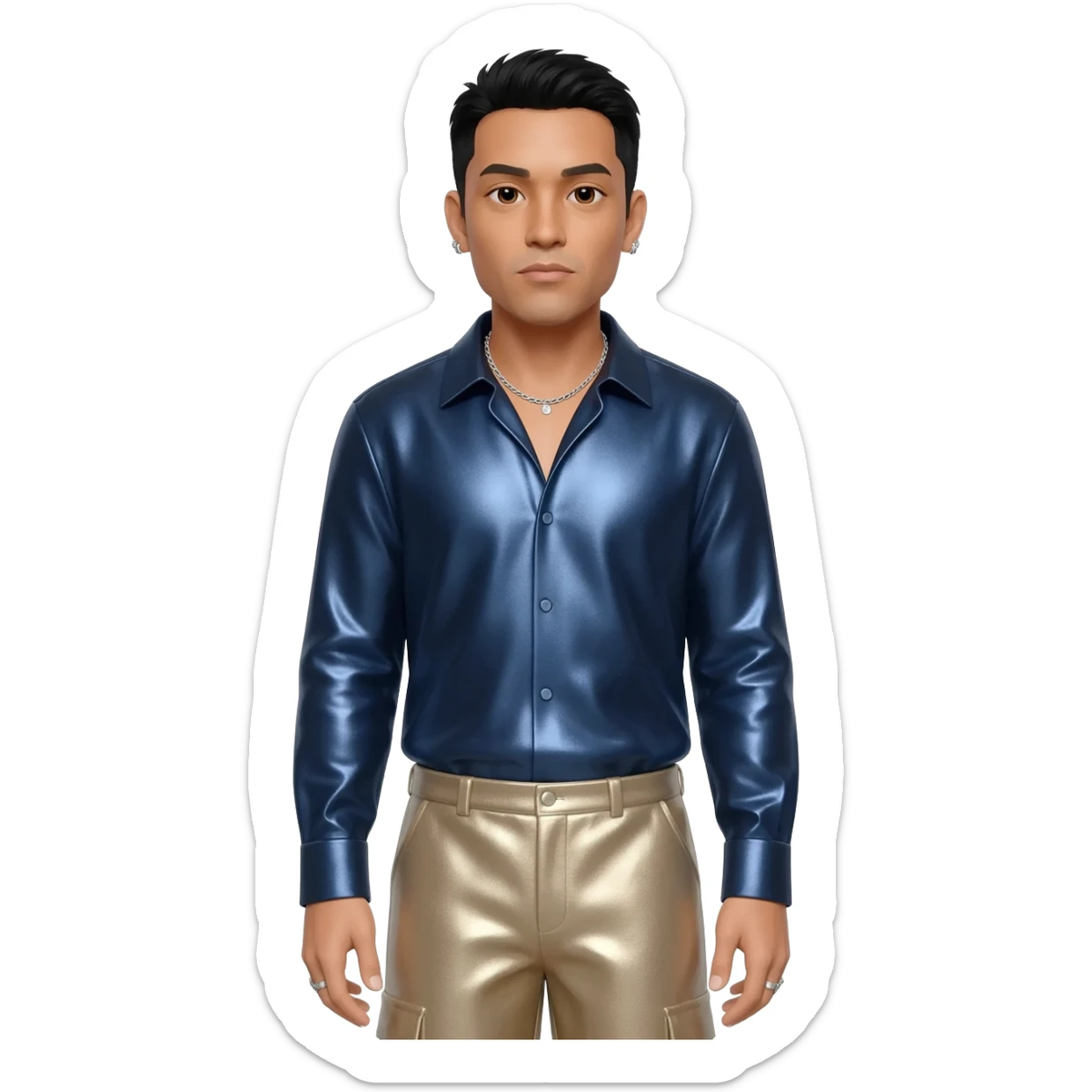 Chino Moreno with black hair, navy blue metallic shirt, beige metallic baggy pants, silver necklace sticker