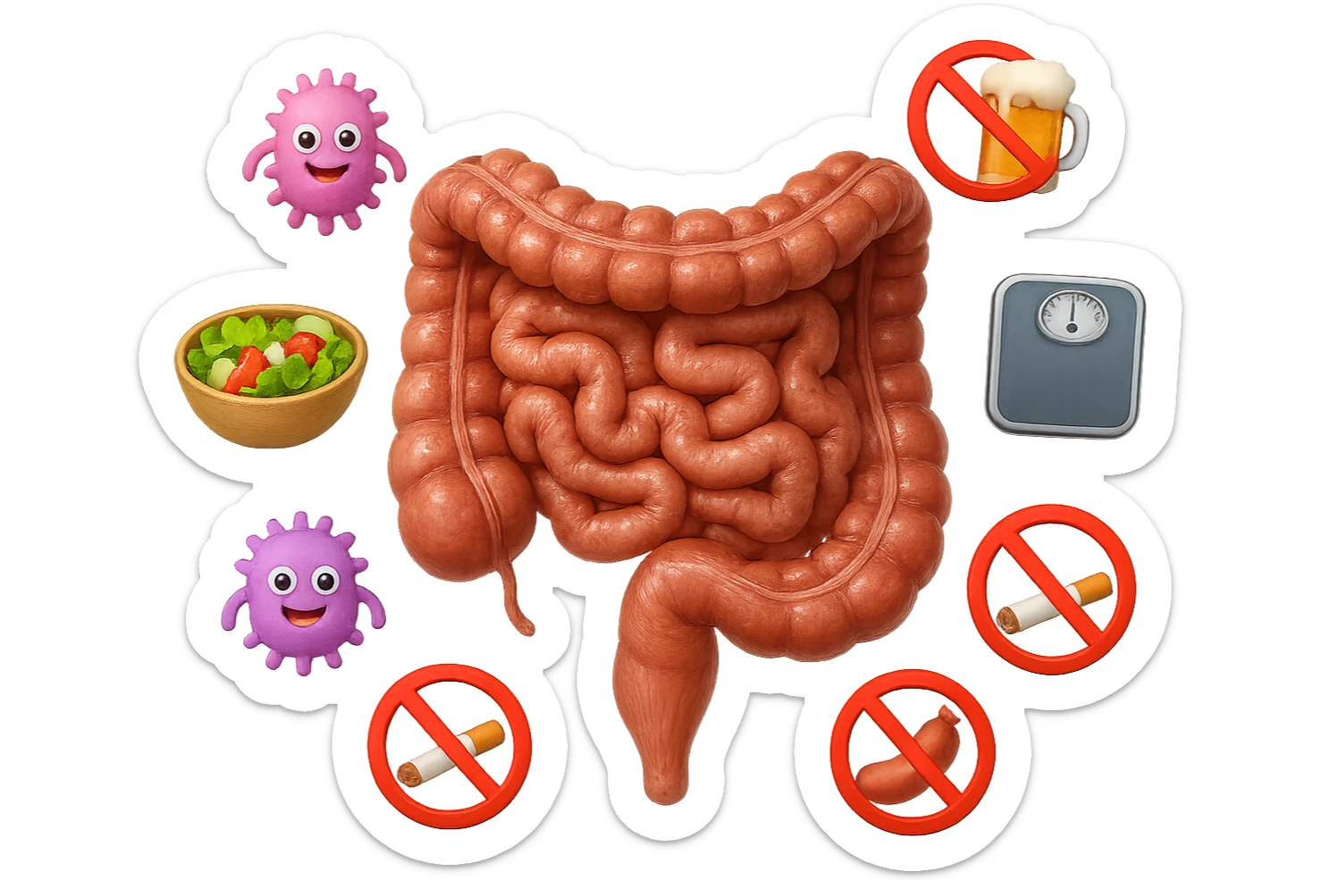 intestino umano anatomico realistico al centro, intorno al quale ruotano emoji stile iphone di: due batteri intestinali felici, una bowl di insalata, una bilancia pesapersone, manubri da palestra, e un boccale di birra con divieto 3d sopra, una sigaretta con divieto 3d sopra e un wurstel con divieto 3d sopra, fluttuano in aria, iperrealistico 4k sticker