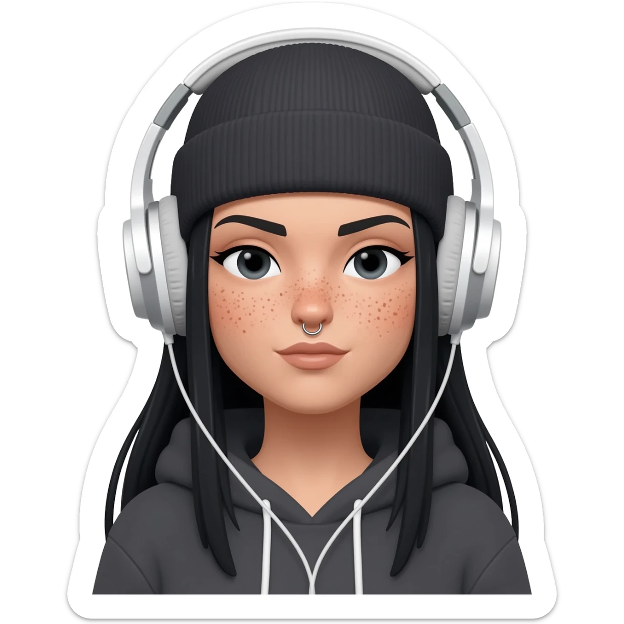 White curvy female with freckles, long straight black hair wearing a beanie and hoodie and nose ring on one nostril listening to music sticker