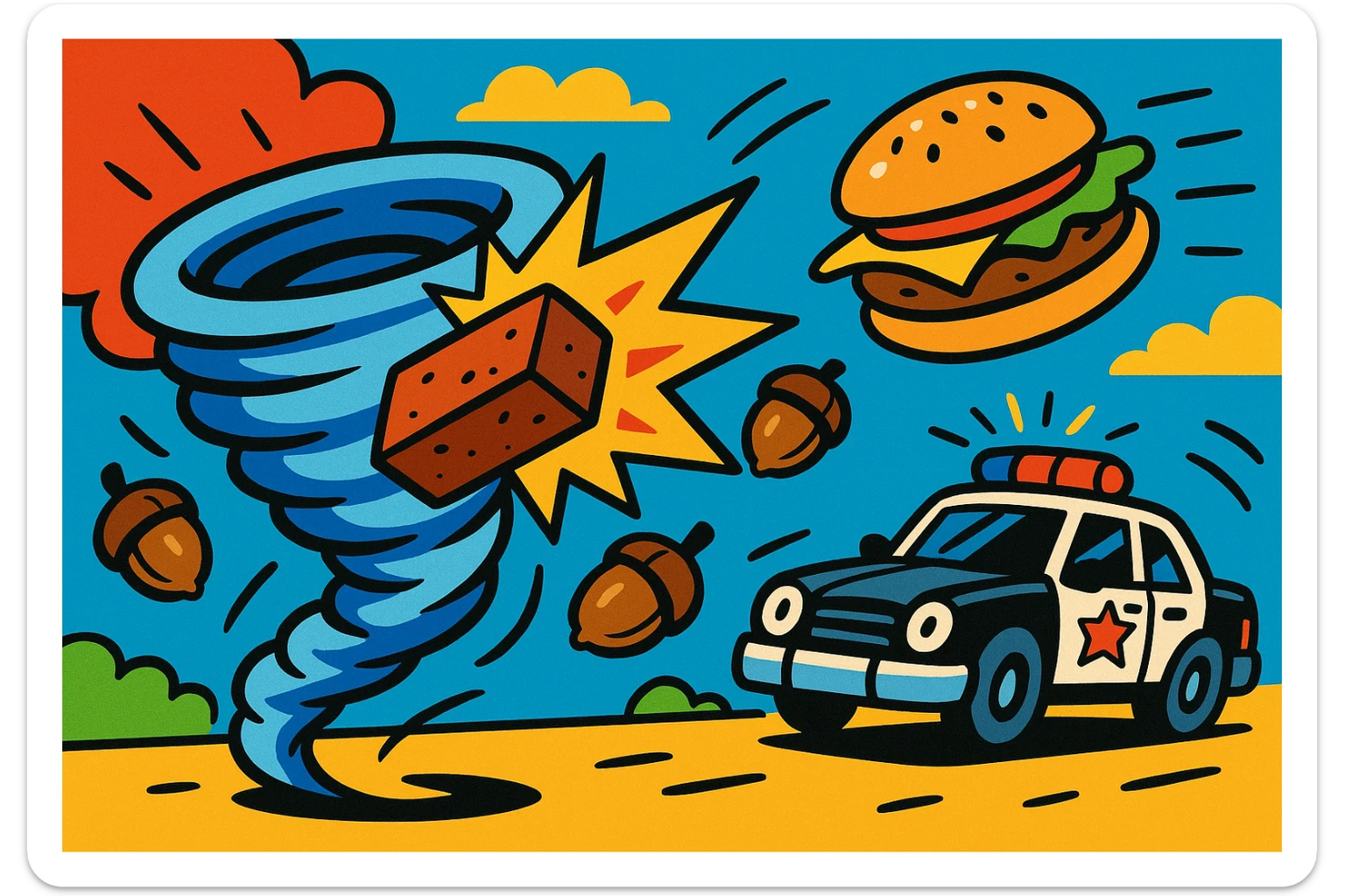 wind swirl with a brick smashing into it, a flying burger, and a police car in the background dodging acorns, colorful and dynamic style sticker