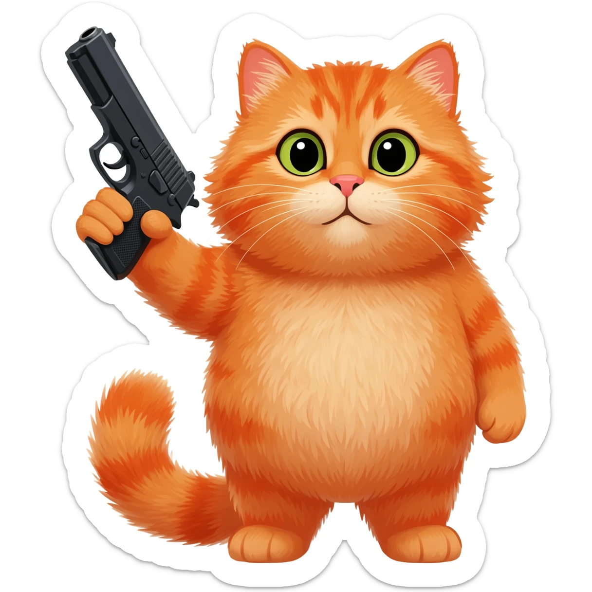fat orange cat with long curly hairs and glock in his paw sticker