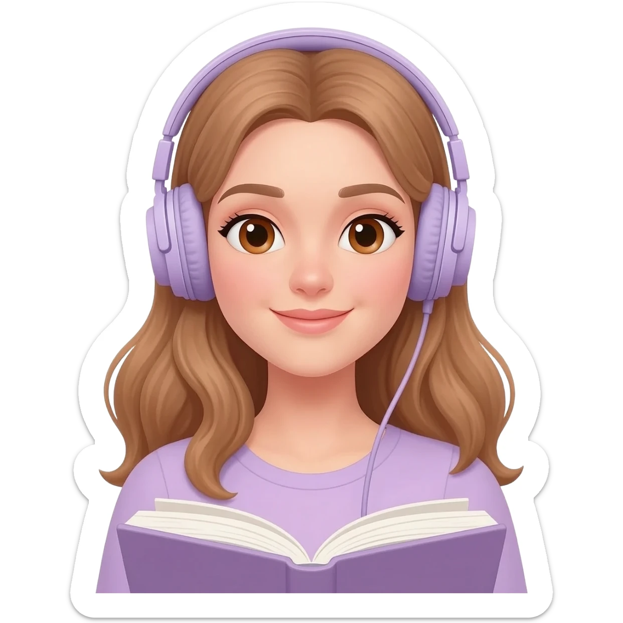 emoji a woman with long light brown wavy hair and light brown eyes reading a book, wearing pastel purple headphones sticker