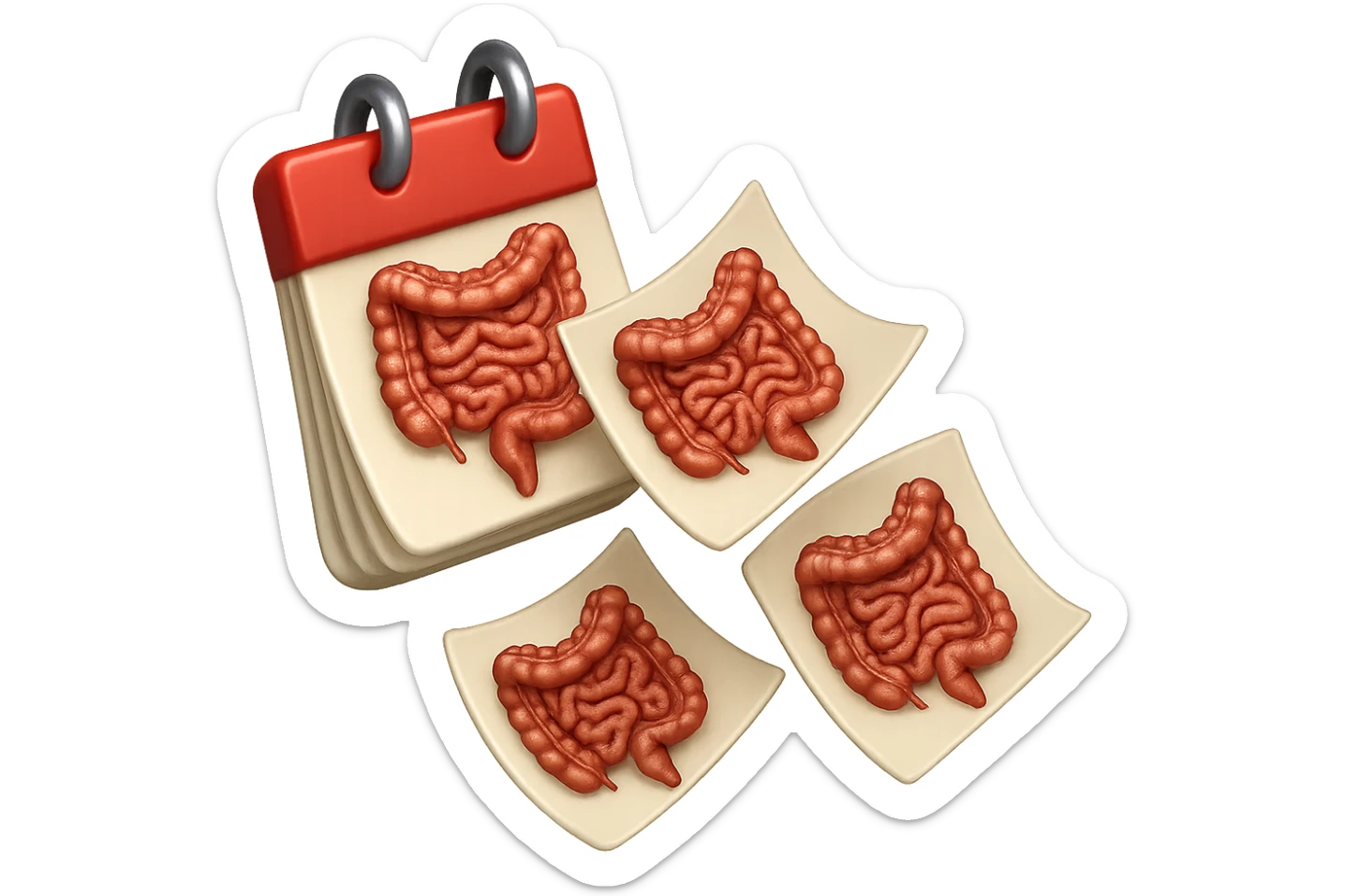 emoji stile iphone di un calendario con fogli che volano insieme, sui fogli ci sono disegnati degli intestini anatomici, iperrealistico 4k, isolato su sfondo bianco sticker