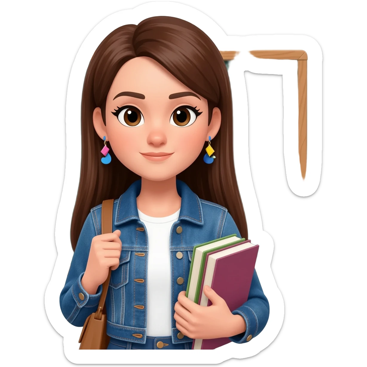 Woman with straight long brunnette hair, light skin, she is using a denim jacket with a white shirt and funky earrings and she is carrying books. put a chalkboard on the background sticker