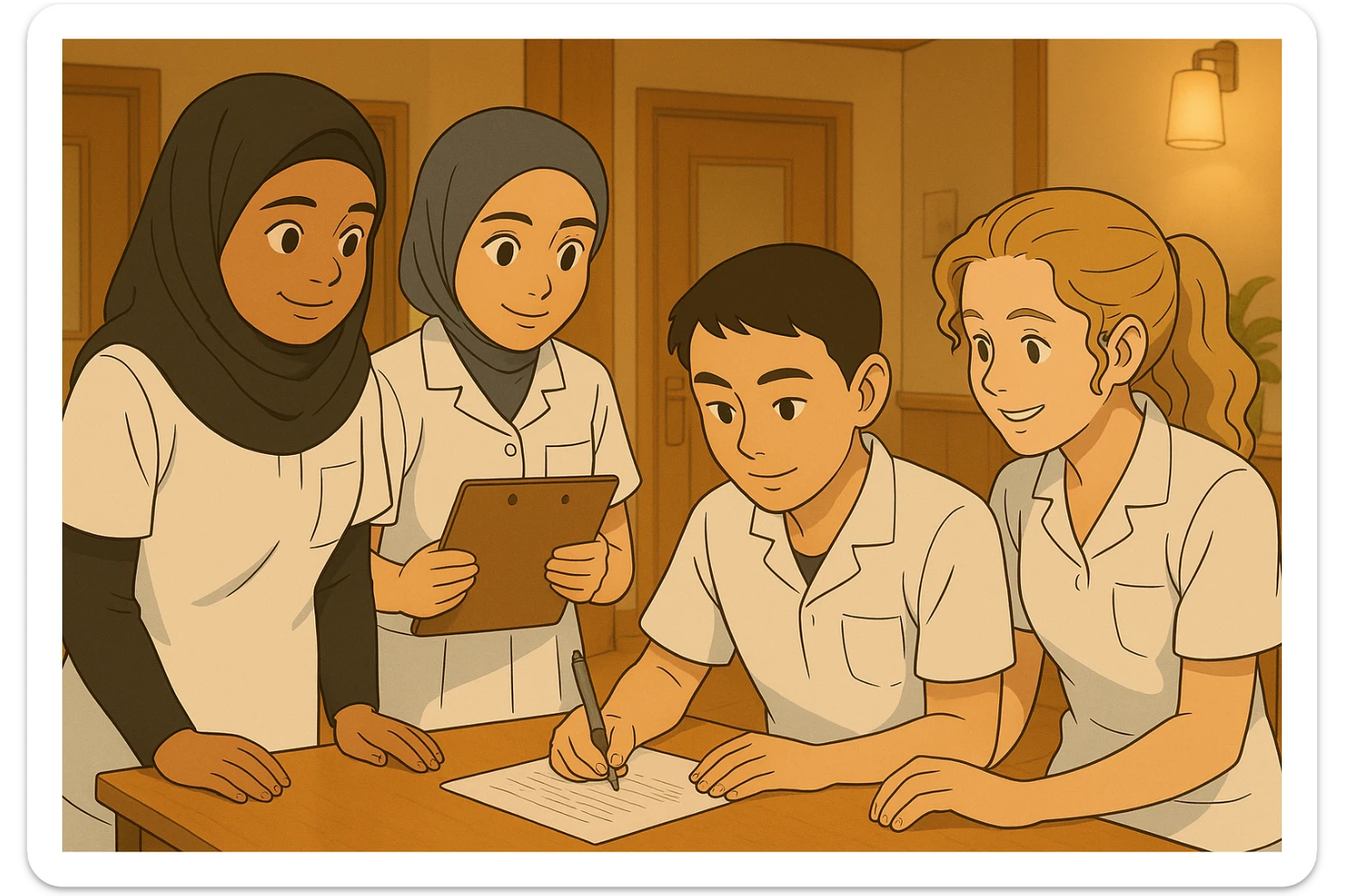 Personnaliser les quatre étudiants infirmiers, style Ghibli, travaillant ensemble à l'intérieur, en utilisant les visages des quatre photos fournies, tenues blanches à manches courtes, hauts type tunique médicale col en V, poche poitrine à gauche, pas de pied de col, pas de stéthoscopes, avant-bras nus, cheveux longs attachés pour celles qui en ont. Interaction visible, décor intérieur de centre de soins. sticker