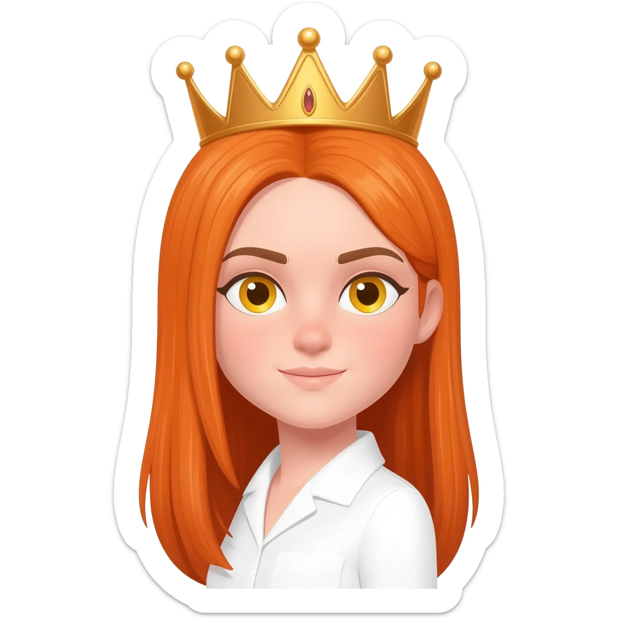 White girl with orange long straight hair and yellow eyes with a crown on her head and a white shirt on brown eyebrows and her hair to the side not on her forehead sticker