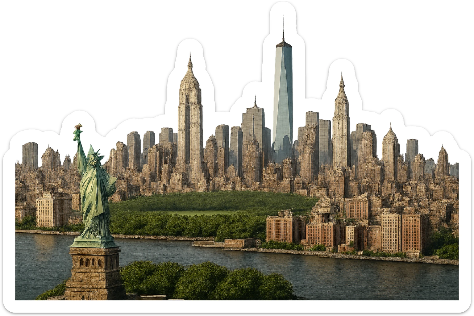 cinematic, realistic emoji of New York City, wide city view with iconic landmarks such as the Statue of Liberty, Empire State Building, One World Trade Center, Chrysler Building, and Central Park, lifelike architectural detail, accurate colors, bright daytime lighting, fully transparent background, no sky, no clouds, no city name label sticker