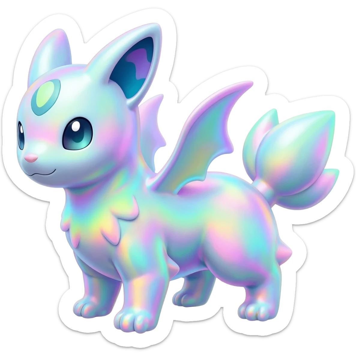 Colorful scaly flurry iridescent shiny bioluminescent translucent luminescent neon pastel bright pale Latias-Sergal-Vernid-Silvally-Renamon-Zeraora-Bastet-Fakémon-hybrid-fusion-creature, full body sticker