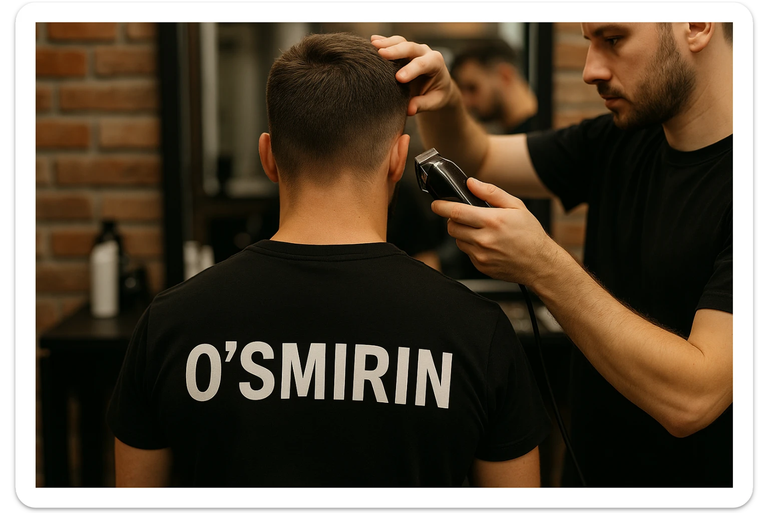 o'smirin bola qora futbolkada sartaroshxonada soch olayapti yuzi ko'rinmasin sticker