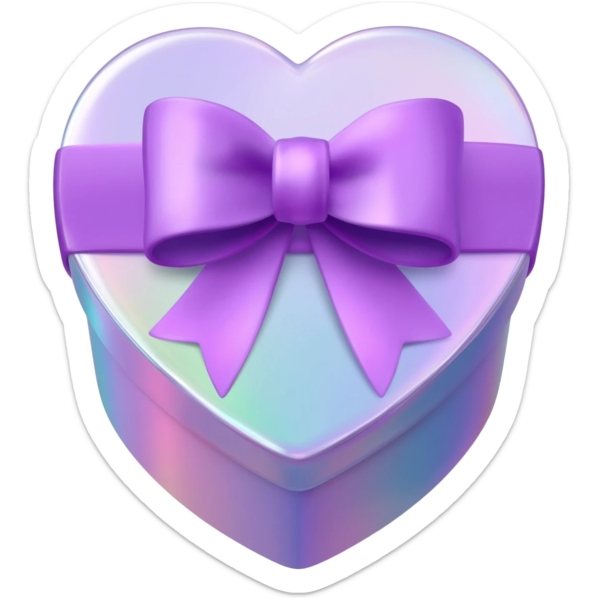 3D isolated, rendering, 8k resolution, 1x1, 8000x8000 pixels, transparent background, no emoji faces, Heart shaped box wrapped in realistic iridescent paper with 3D Lavendar Silk bow on top, shimmery, cute cute, 8k sticker