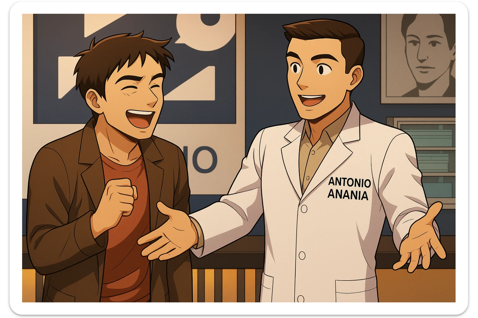  rappresenta un webtoon manga a colori con questo stile, in cui un uomo esclama una cosa entusiasta al kinesiologo con il camice bianco (fagli anche la scritta "ANTONIO ANANIA" SUL CAMICE), IL KINESIOLOGO lo aspetta a braccia aperte. l'espressione dell'uomo è felice e soddisfatta, non fare i fumetti però, fai solo in modo che sembri stiano parlando sticker