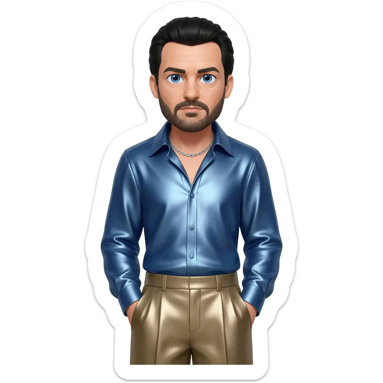 Oliver Reed with blue eyes, black hair and short beard, steel blue metallic shirt, taupe metallic baggy pants, silver necklace sticker