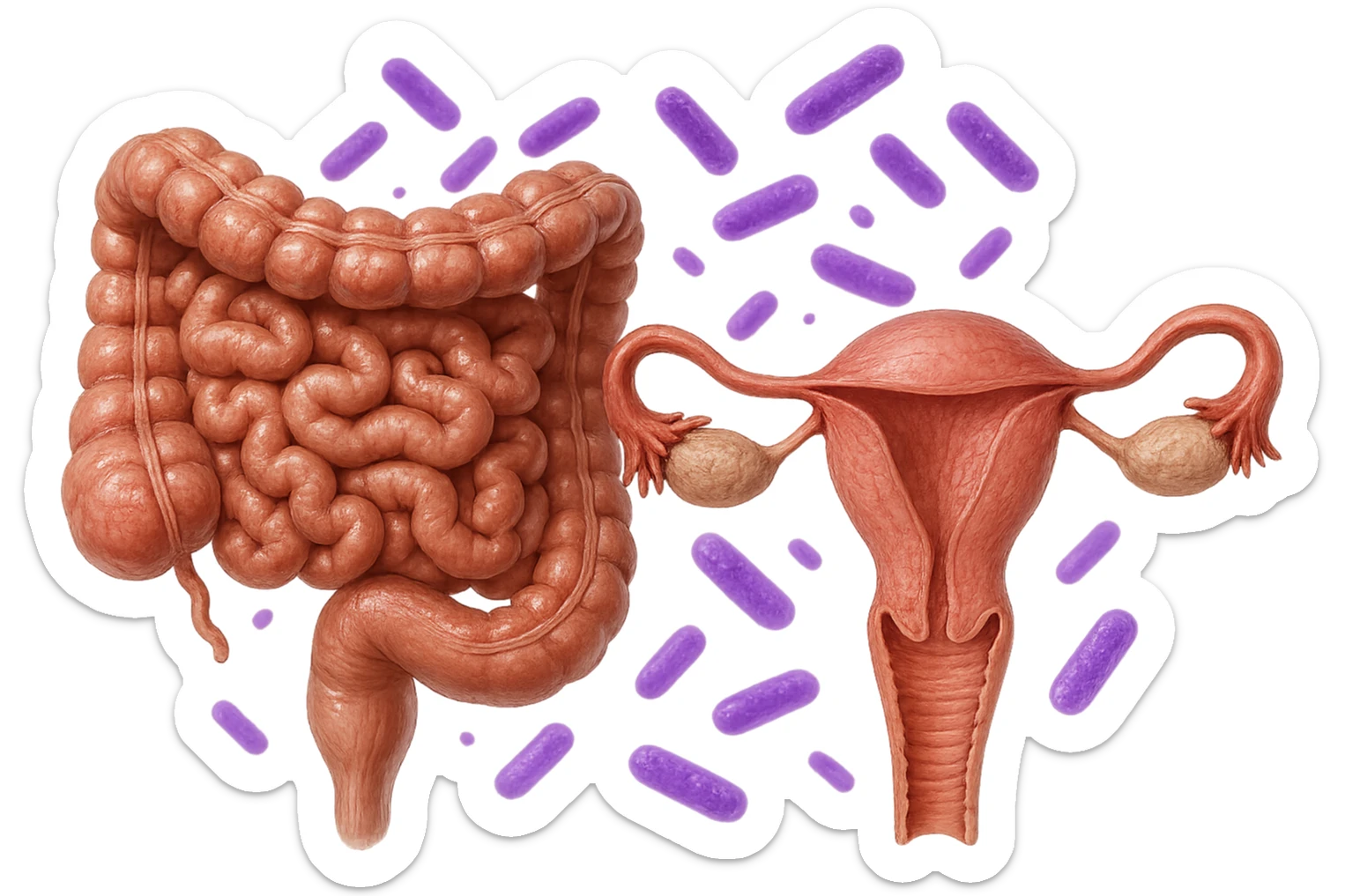 intestino umano anatomico realistico accanto ad un utero umano anatomico realistico, dietro i due organi fluttuano batteri intestinali con questo colore: #971ef1, iperrealistico 4k
isolata su sfondo bianco sticker