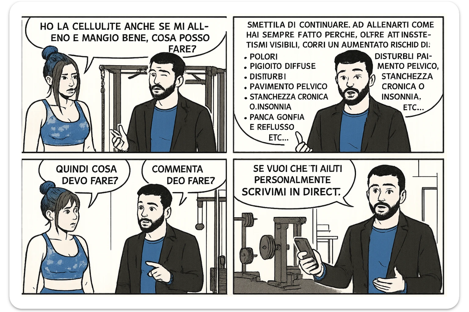 TRASFORMA QUESTO CAROSELLO IN UN FUMETTO CON QUESTE DUE PERSONE IDENTICHE CHE INTERLOQUISCONO TRA LORO:

Ho la cellulite anche se mi alleno e mangio bene, cosa posso fare?

Hai controllato il tuo baricentro corporeo?
Sapevi che se il peso del tuo corpo cade in avanti o da un lato, c’è un disallineamento fra bacino e torace, che comprimendo le coste, limita la motilità del diaframma e l’ossigenazione dei tessuti?
Il mio è il primo e unico percorso che lavora sugli inestetismi con un lavoro mirato sul baricentro corporeo.

Smettila di continuare ad allenarti come hai sempre fatto perché, oltre ad inestetismi visibili, corri un aumentato rischio di:
    • dolori e rigidità diffuse
    • disturbi pavimento pelvico
    • stanchezza cronica o insonnia
    • pancia gonfia e reflusso (bruciore)
    • etc…


Quindi cosa devo fare?
Commenta, qua sotto, con “simmetria” e ti mando un esempio del lavoro da fare. Lo stesso sistema con cui ho aiutato migliaia di persone, fra cui centinaia di donne a risolvere definitivamente gli inestetismi.
Metterei il prima e dopo

Se vuoi che ti aiuti personalmente
SCRIVIMI IN DIRECT sticker