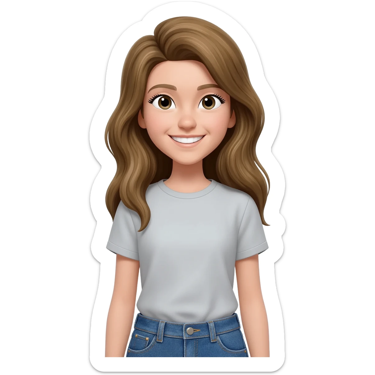 chica con pelo rubio oscuro largo i ojos negros con ropa casual sonriente sticker