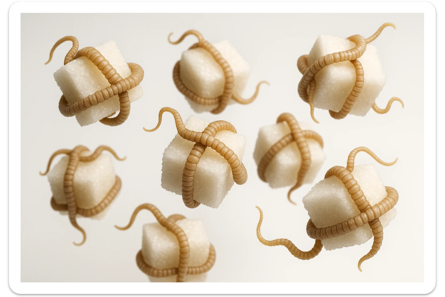 ZOLLETTE DI ZUCCHERO CON PARASSITI TIPO LA TENIA ARROTOLATE INTORNO AD OGNI ZOLLETTA, FLUTTUANO IN ARIA SU SFONDO BIANCO, IPERREALISTICO 4K sticker