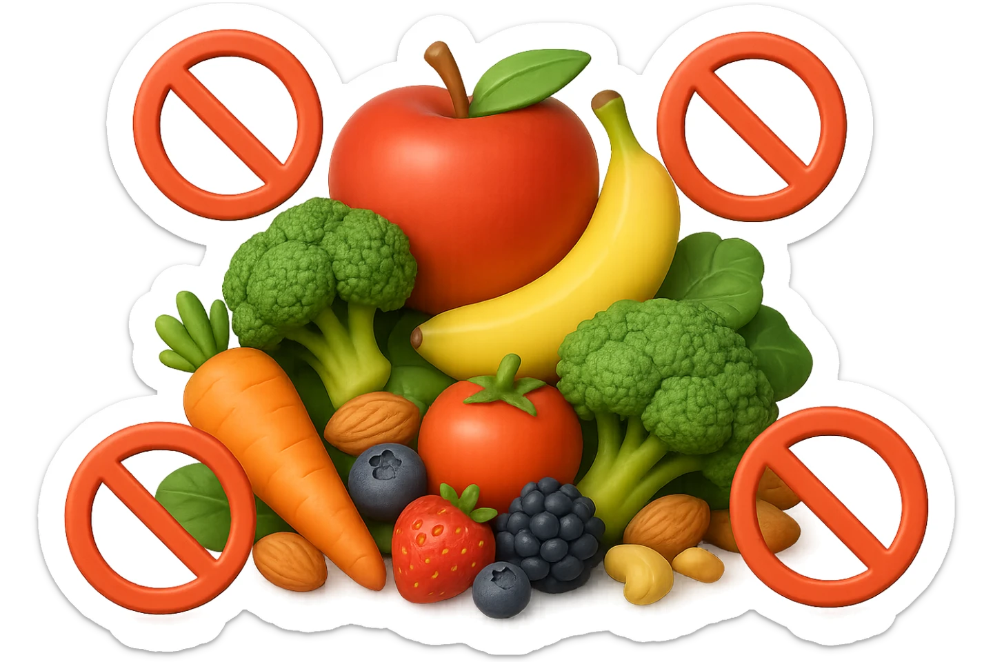 EMOJI STILE IPHONE DI UNa montagna di cibo sano con divieti 3d sparsi, IPERREALISTICO 4K sticker