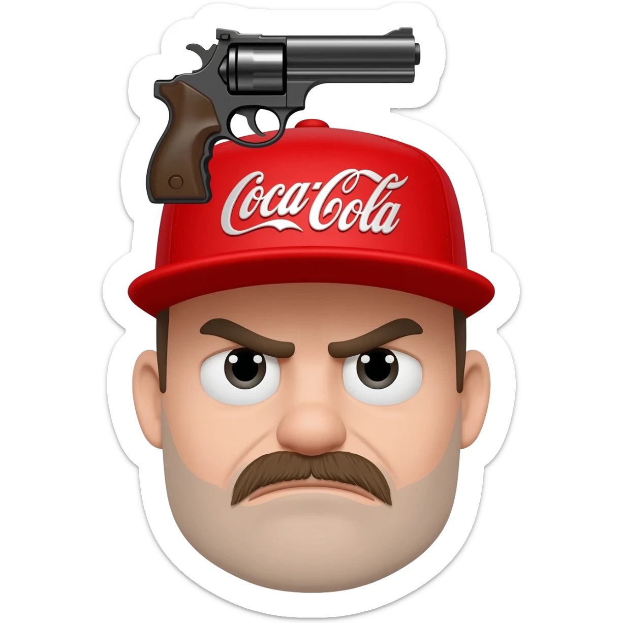 grumpy coca-cola emoji with a cap with a gun on the head sticker