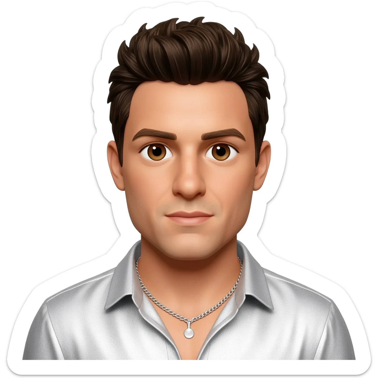 Howie Dorough from Backstreet Boys with brown eyes, dark brown hair, white metallic shirt, silver necklace sticker