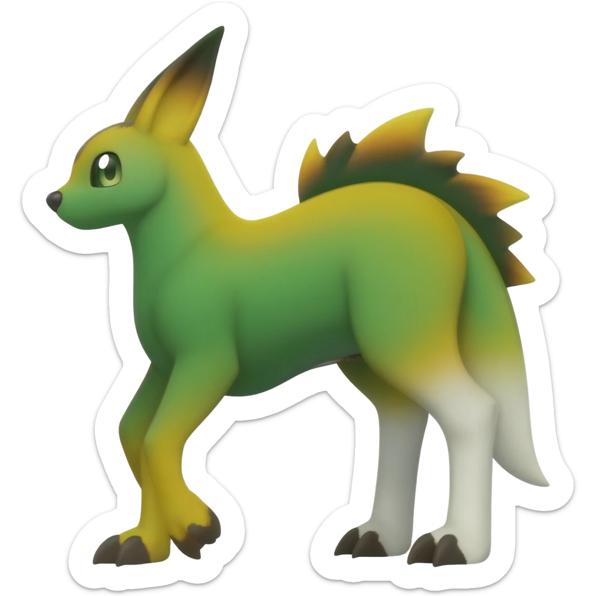 Green-yellow-brown-black-white-gradients Trico-Sergal-Furret-Vernid-fusion-Fakemon-animal-hybrid-creature, full body sticker