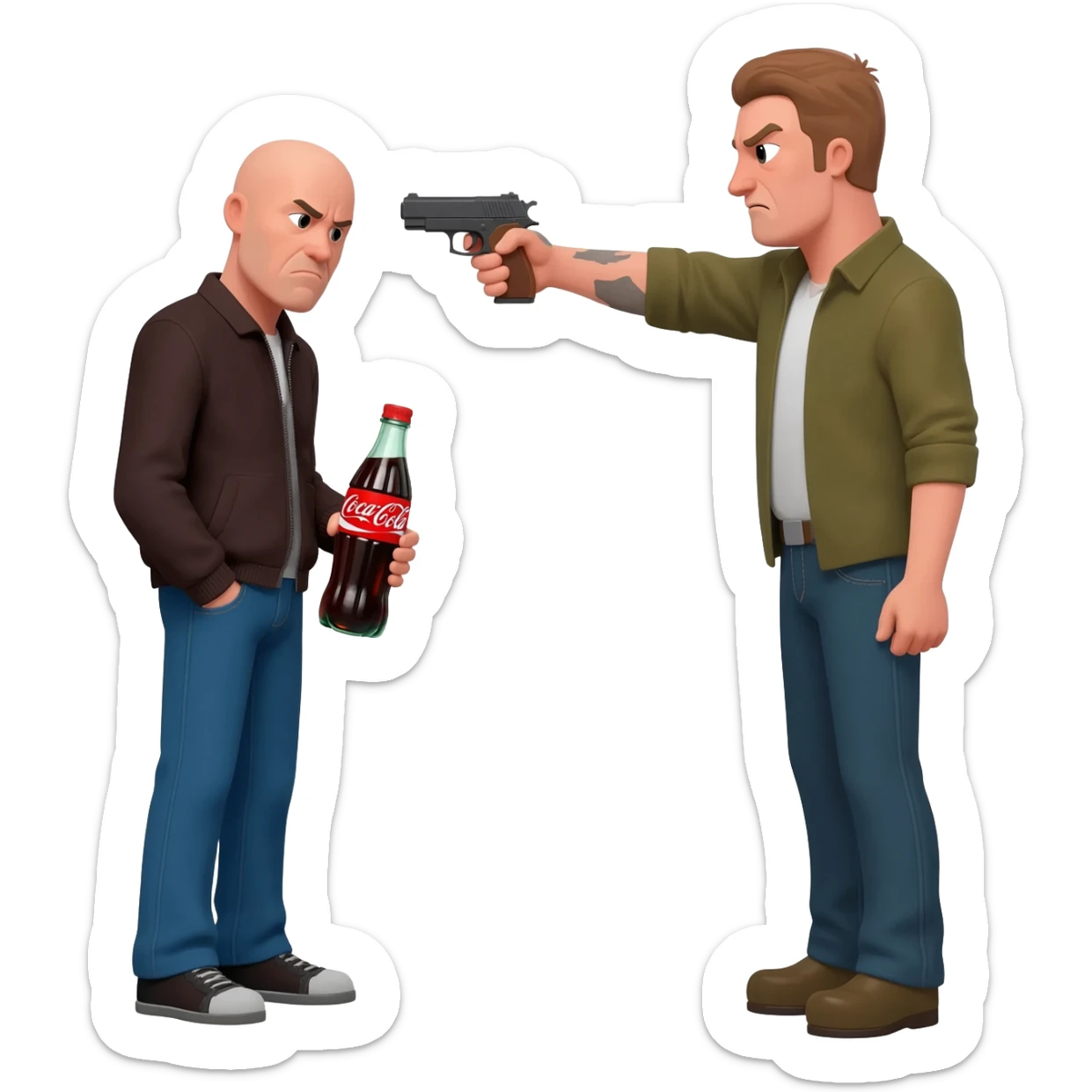 grumpy coca-cola emoji with someone pointing a gun to his head sticker