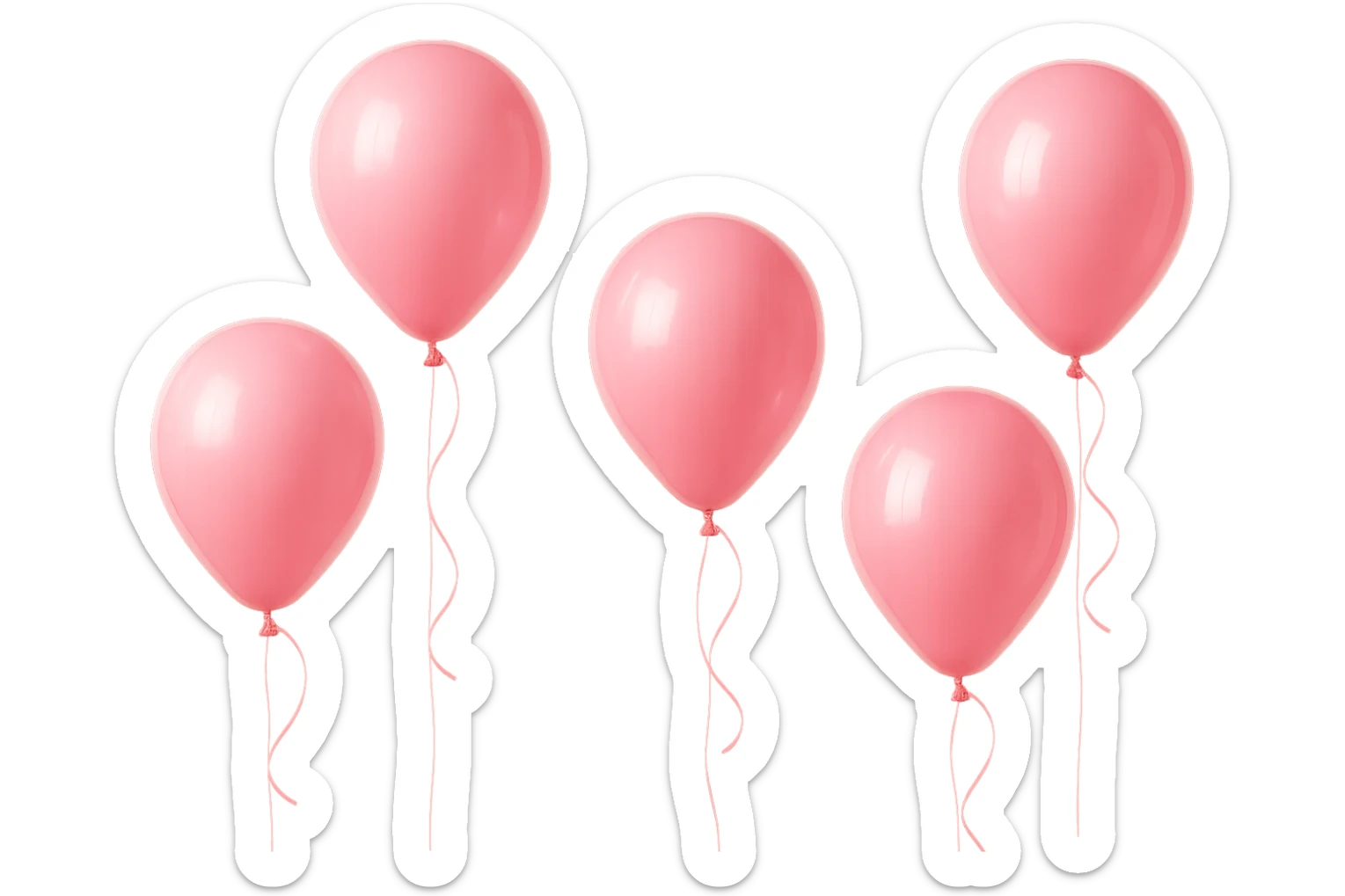5 palloncini rosa fluttuano in aria isolati su sfondo bianco, iperrealistico 4k sticker