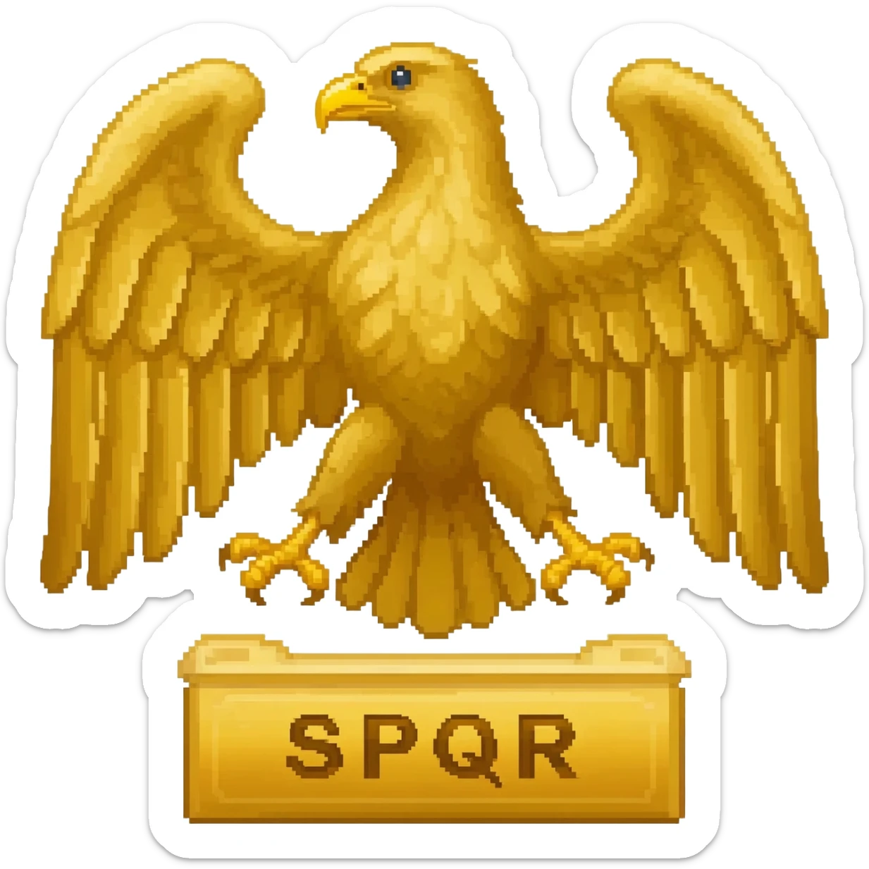 roman eagle in gold with the letters "S P Q R" on the bottom in a golden box. no background, sharp outline and low pixel count to use it as an emoji sticker