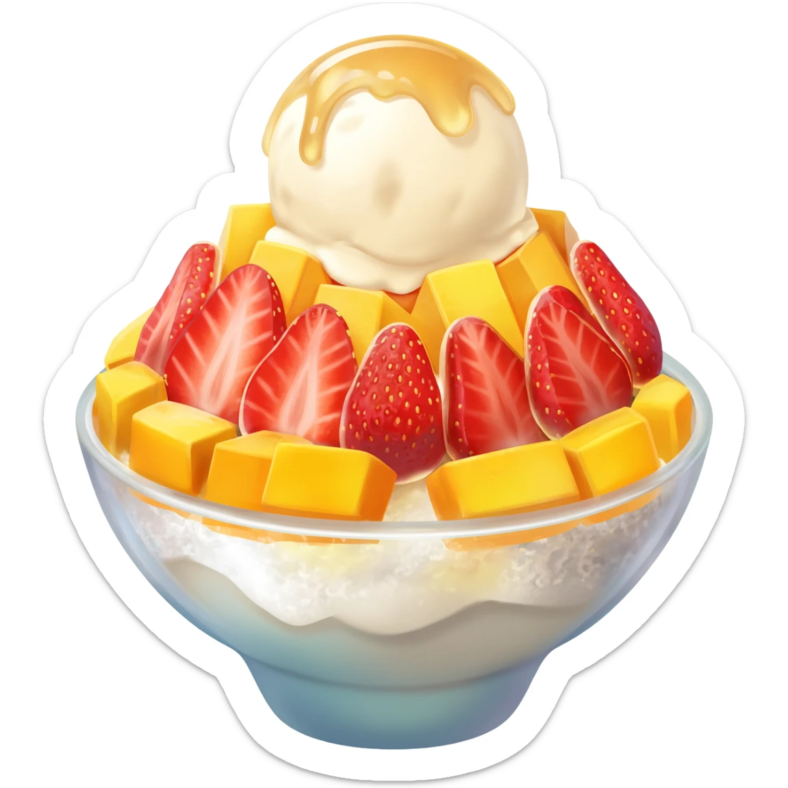 a cartoon bingsu with mango cubes and sliced strawberries and ice cream on top sticker
