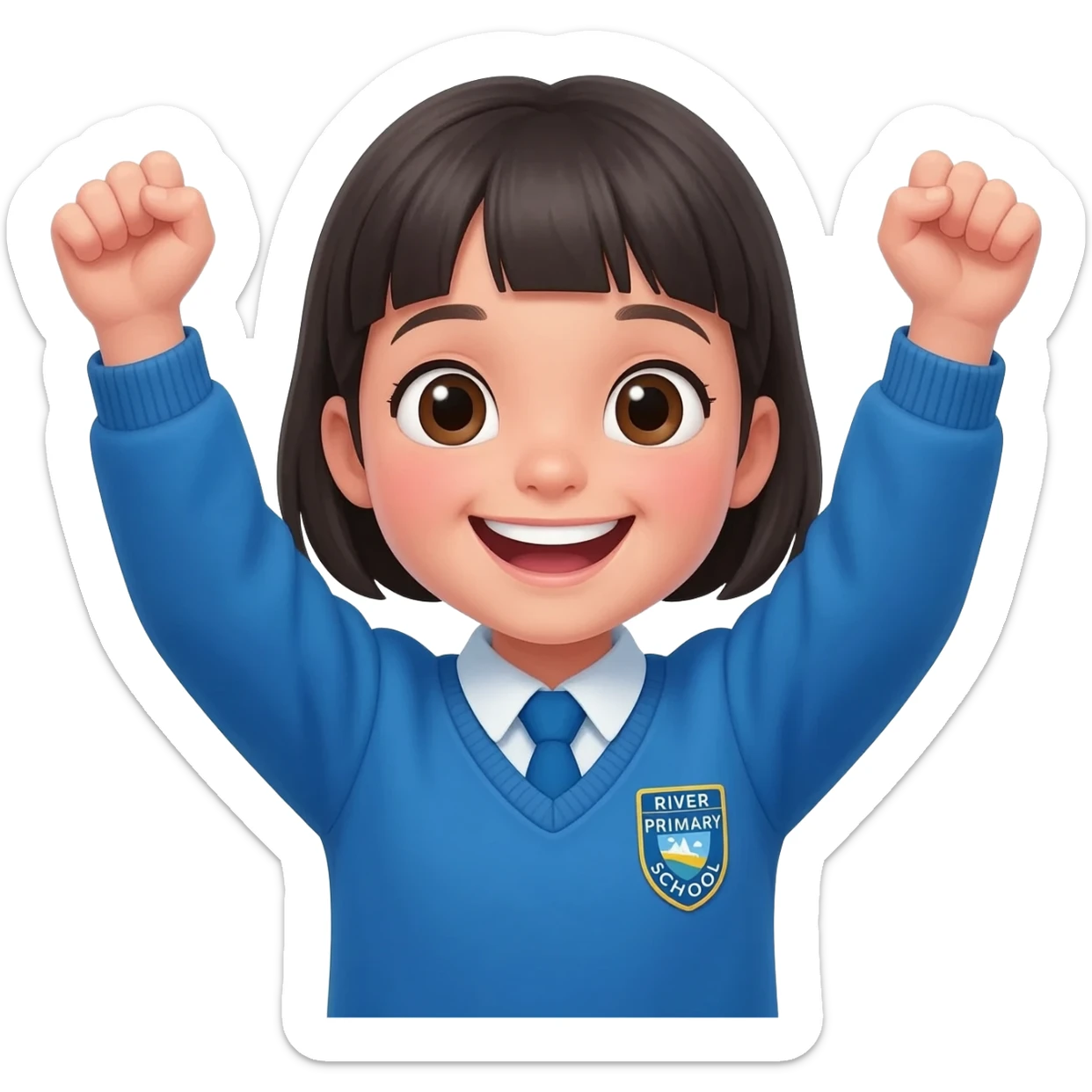 primary school girl celebrating wearing a blue uniform with a river primary school badge. Arms in the air big smile on face sticker