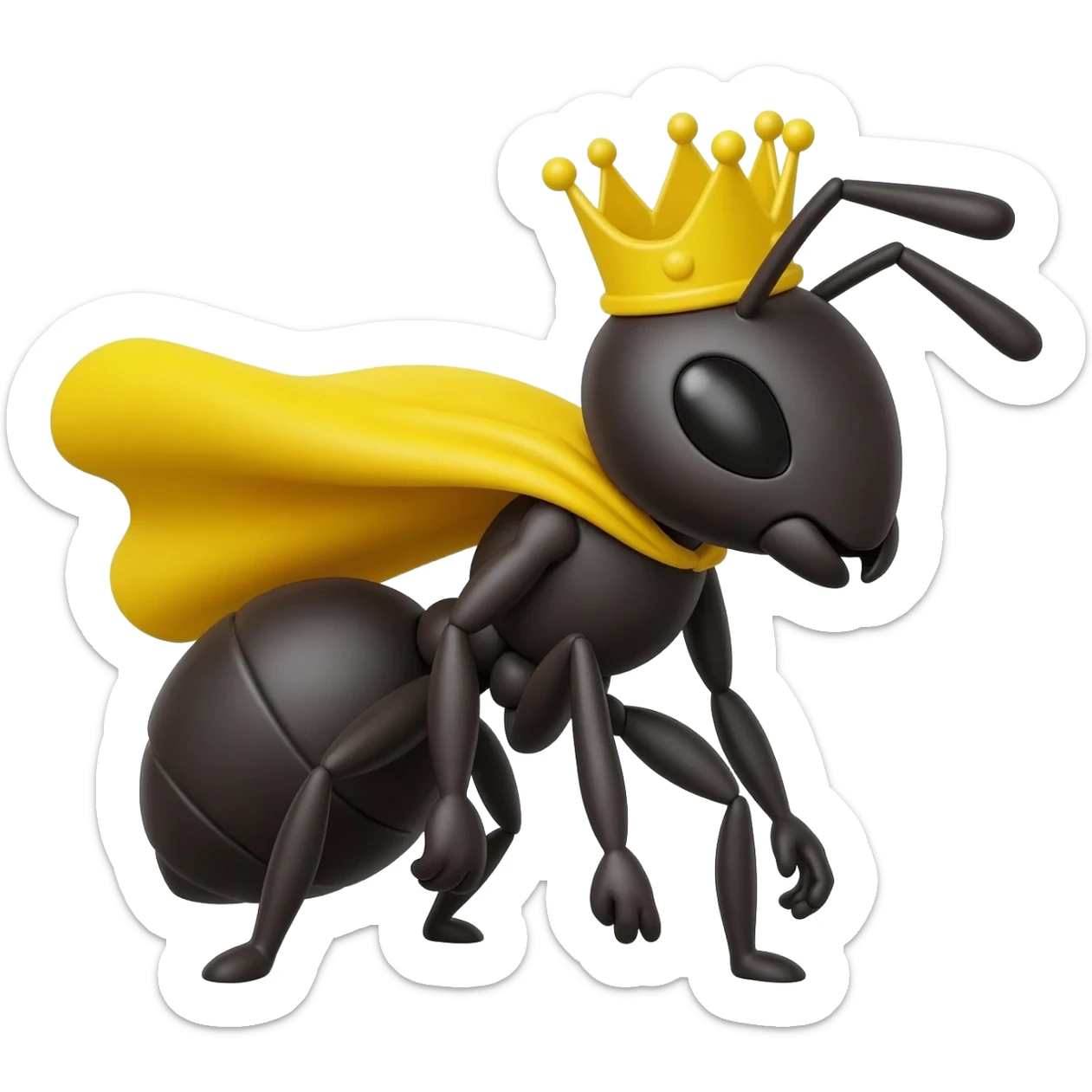 Ant with yellow crown doing superhero pose, smaller, more simple, disney style sticker