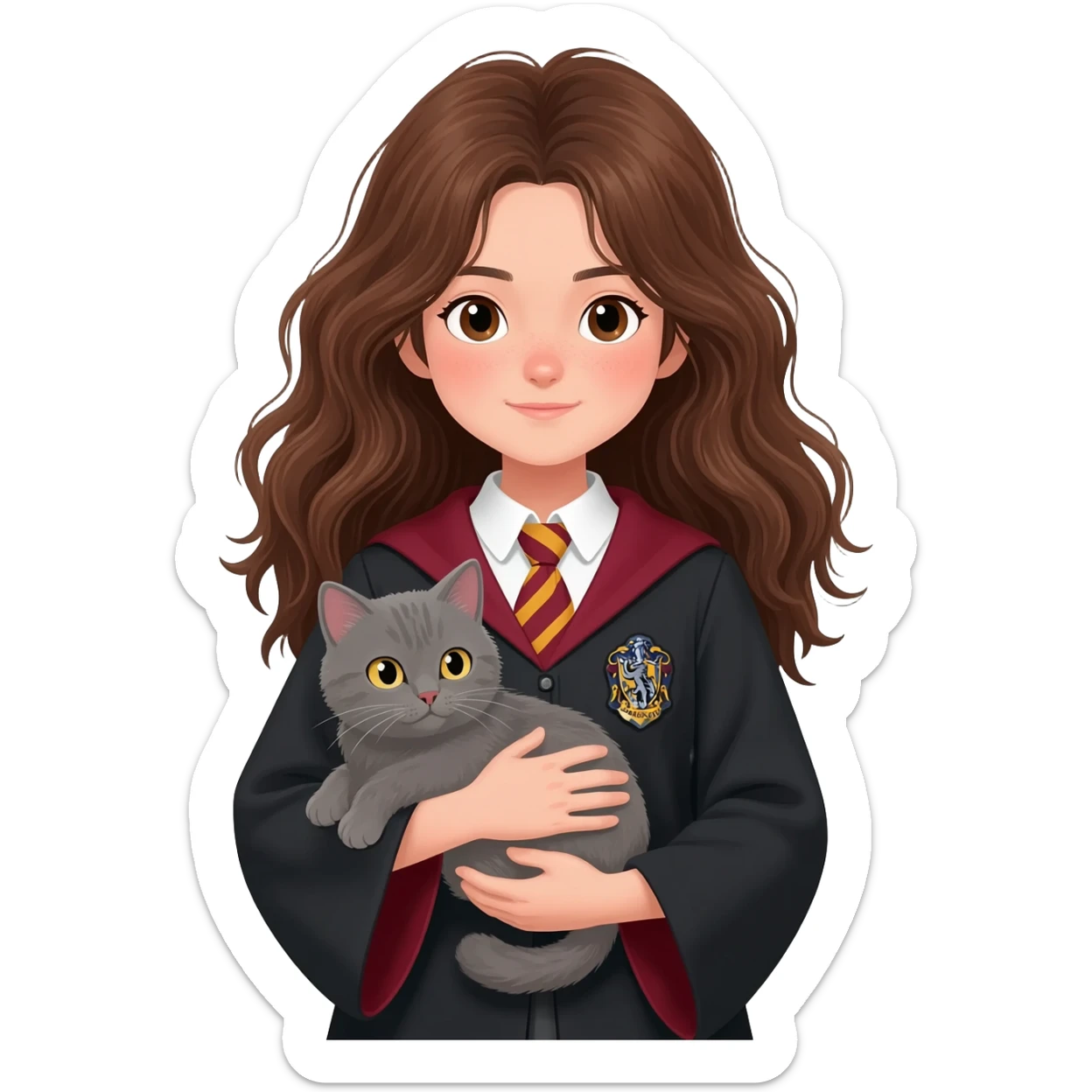 asian girl wearing ravenclaw uniform, long brown messy wavy hair and brown eyes, holding a gray cat in hands sticker