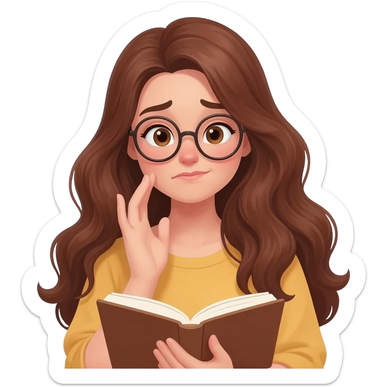 detailed emoji illustration of a curvy woman with long chestnut brown wavy hair, light brown eyes and round glasses reading a book with an emotional expression, touched by the story, emoji style sticker