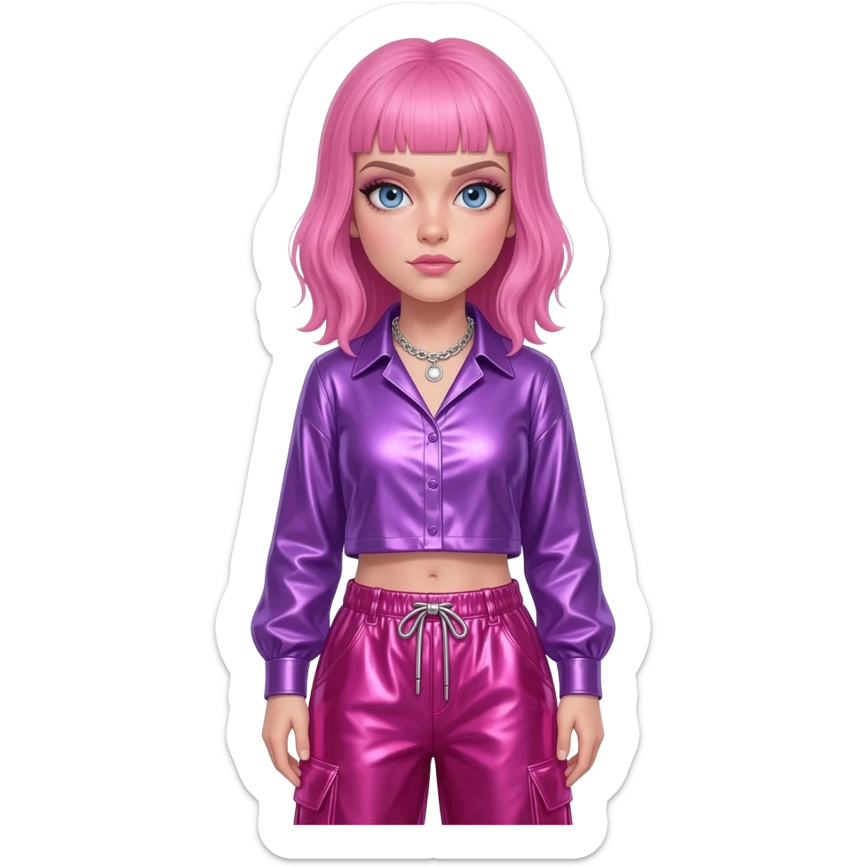 P!nk with blue eyes, pink hair, orchid metallic shirt, hot pink metallic baggy pants, silver necklace sticker