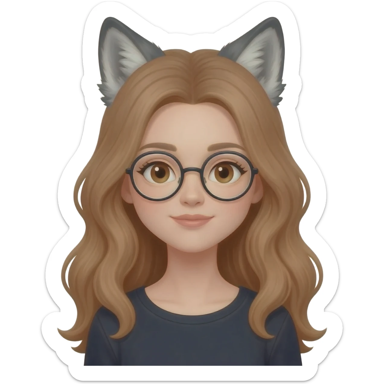 detailed emoji illustration of a woman with long light brown wavy hair and light brown eyes wearing round glasses, with wolf ears on top of her head, cute fantasy emoji style sticker
