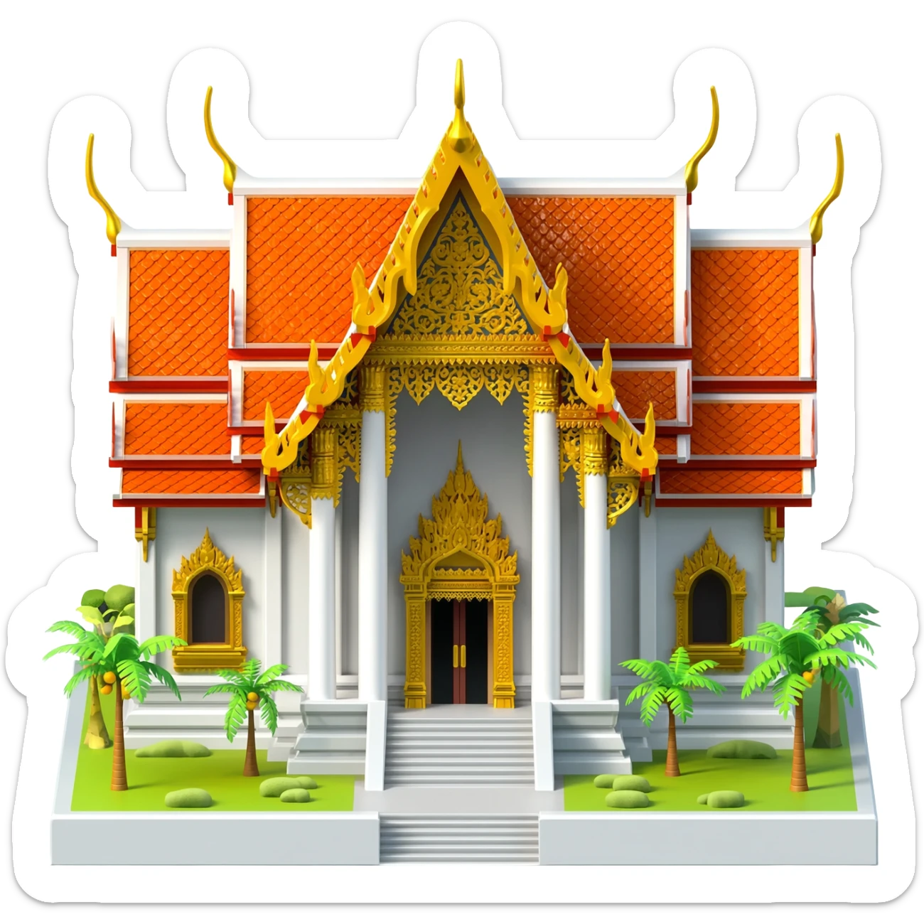 A miniature shopping mall with ornate Thai architecture, featuring distinctive multi-tiered peaked orange roofs, white stone walls, and gold filigree trim. Flanked by small tropical palm trees with a grand, wide-stepped entrance. sticker