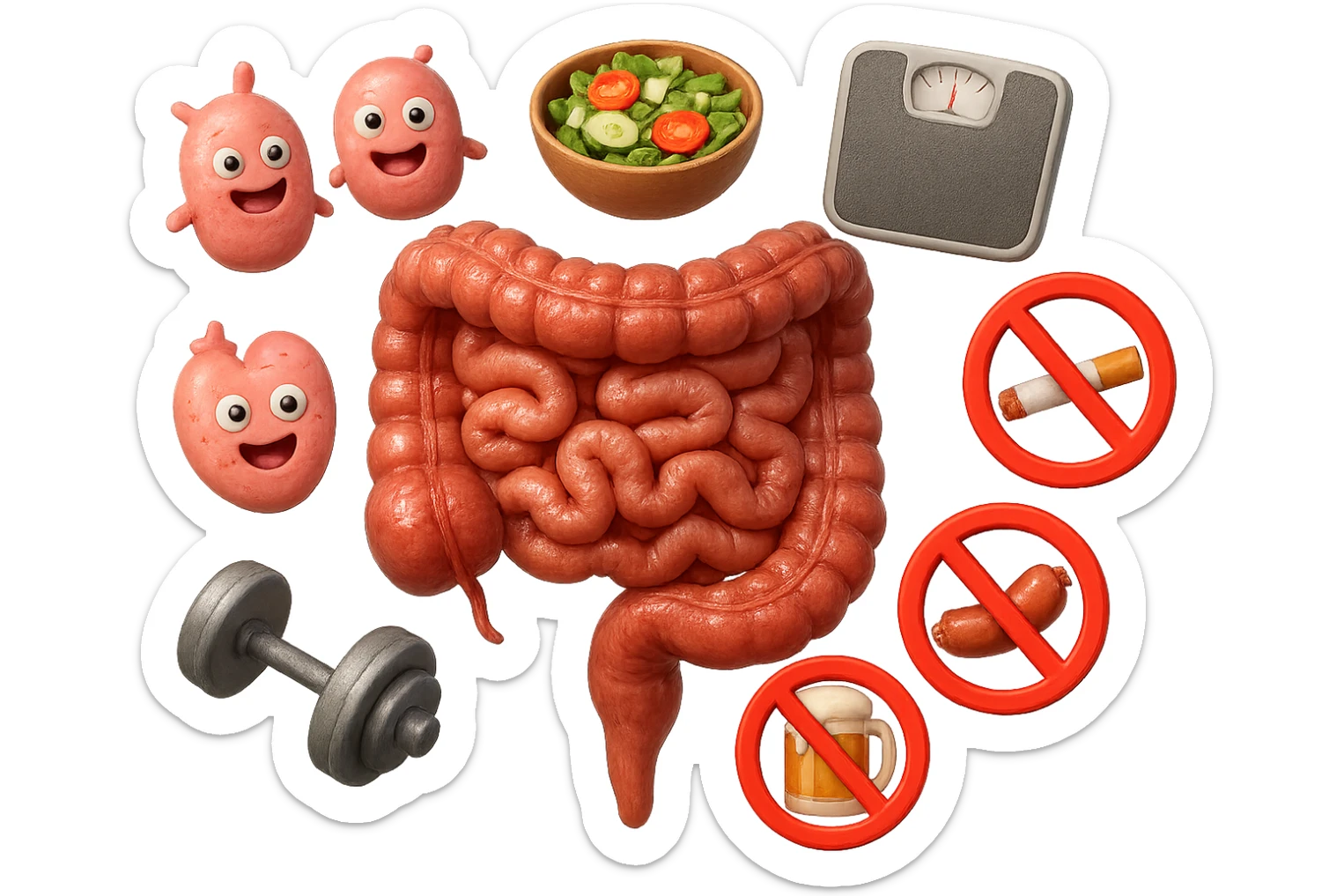 intestino umano anatomico realistico al centro, intorno al quale ruotano emoji stile iphone di: due batteri intestinali felici, una bowl di insalata, una bilancia pesapersone, manubri da palestra, e un boccale di birra con divieto 3d sopra, una sigaretta con divieto 3d sopra e un wurstel con divieto 3d sopra, fluttuano in aria, iperrealistico 4k sticker