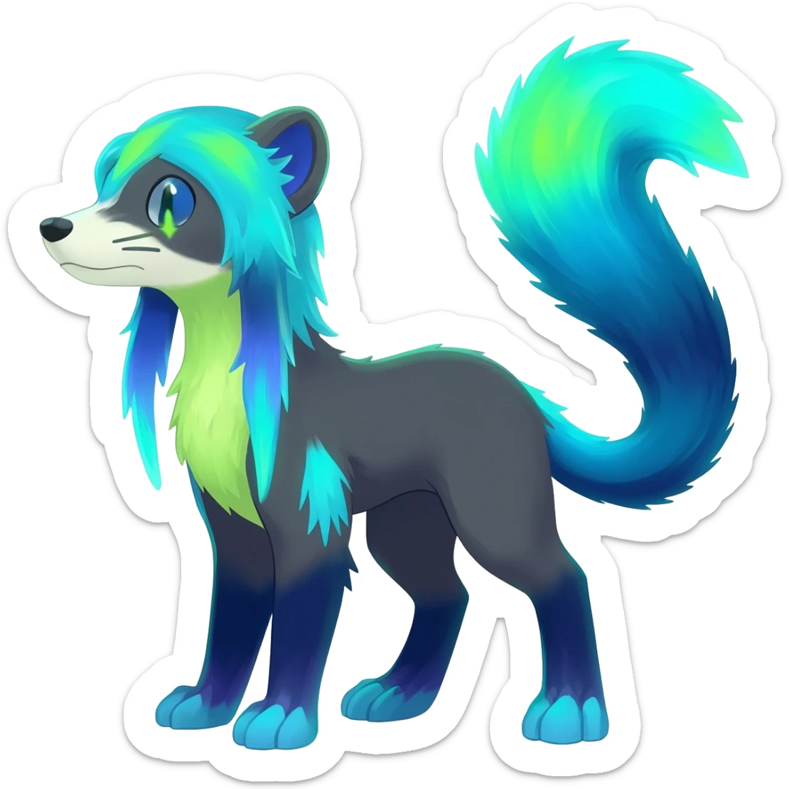 bioluminescent dark abysmal abyssal neon-glowing Trico-Sergal-Furret-Ferret-Wolverine-Vernid-furry-fursona-fusion-Fakemon-animal-hybrid-creature, full body sticker