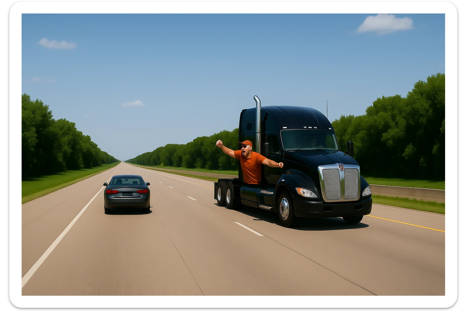 Zoom the scene out a lot farther, making the vehicles much smaller and showing a wide view of the road and landscape. Keep the black Kenworth W680 semi with chrome stack, angry bald driver in orange shirt and baseball cap, arm out the window, following a car. Scene should remain bright and vibrant. sticker