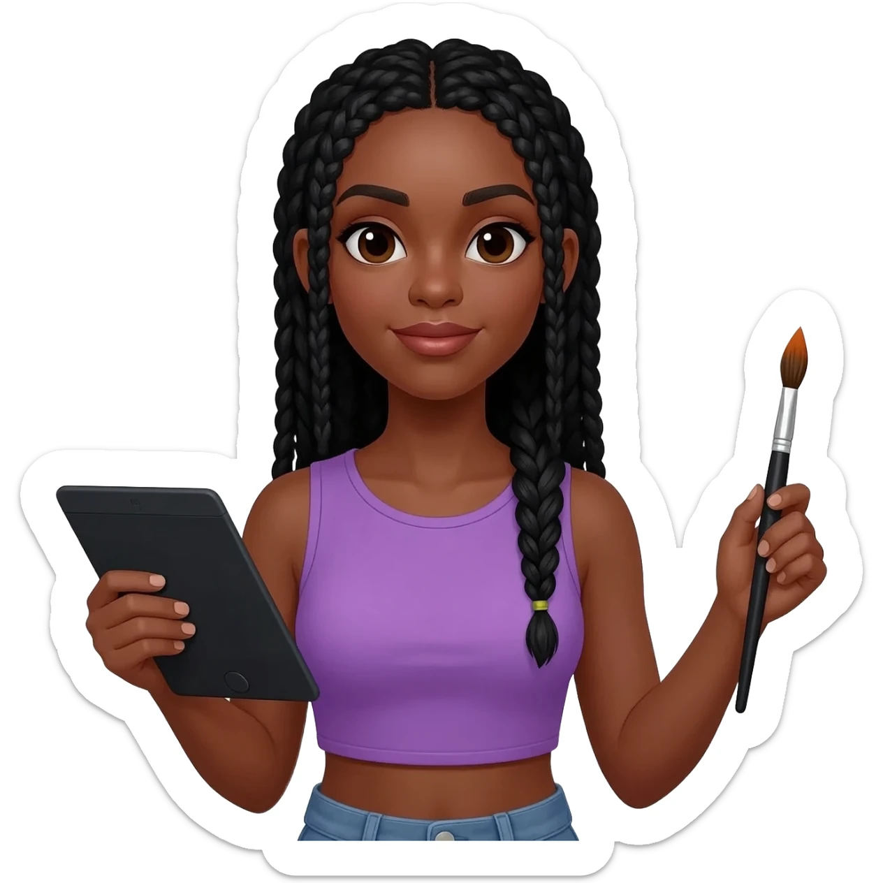 Emoji représentant une femme à la peau marron avec de longues braids noires et portant un beau débardeur violet, tenant une tablette graphique dans une main et un pinceau dans l’autre sticker