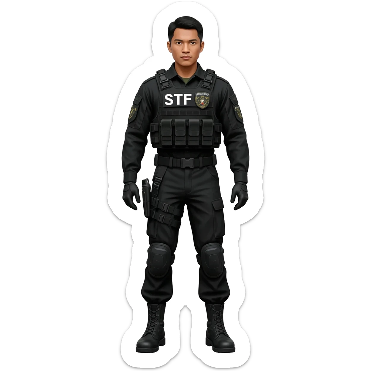 Filipino man STF SPECIAL TACTICS FORCE OUTFIT BLACK FATIGUE AND COMBAT BOOTS PLATE CARRIER AND HOLSTER sticker