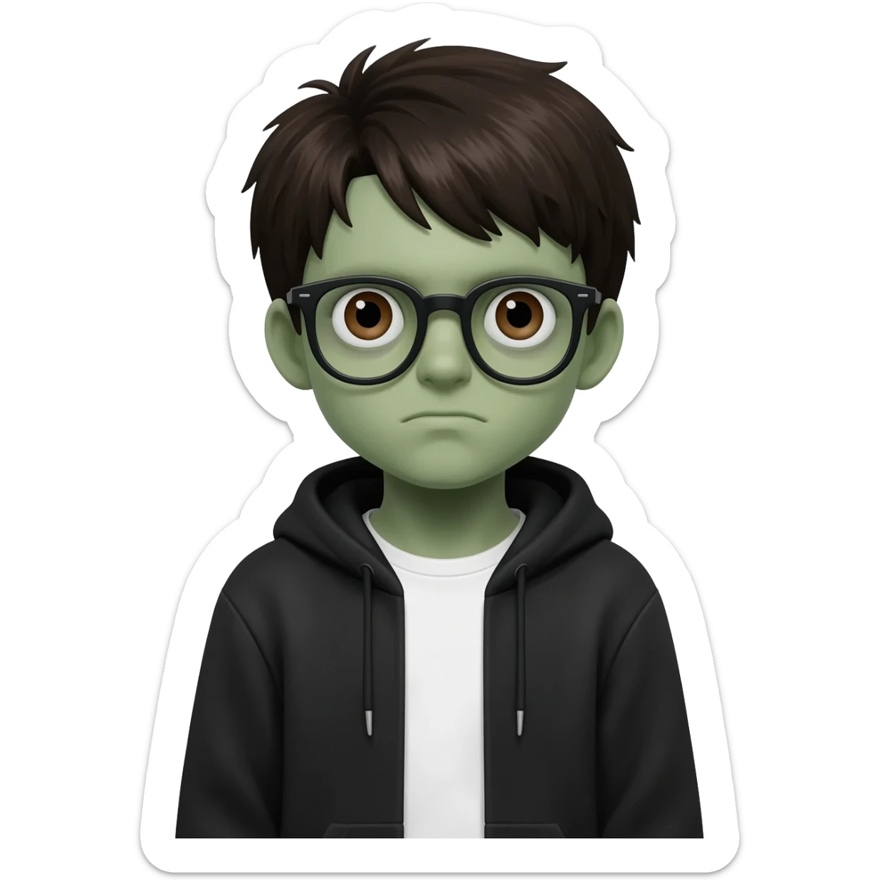 zombie boy with white tshirt and black brownish hair and with black glasses frames on hair is texturized young boy and round face more green face and dark brown eyes black thick cotton y2k hoodie with the white t-shirt under it hood of hoodie is standing up a slight bit and no ties on hoodie sticker