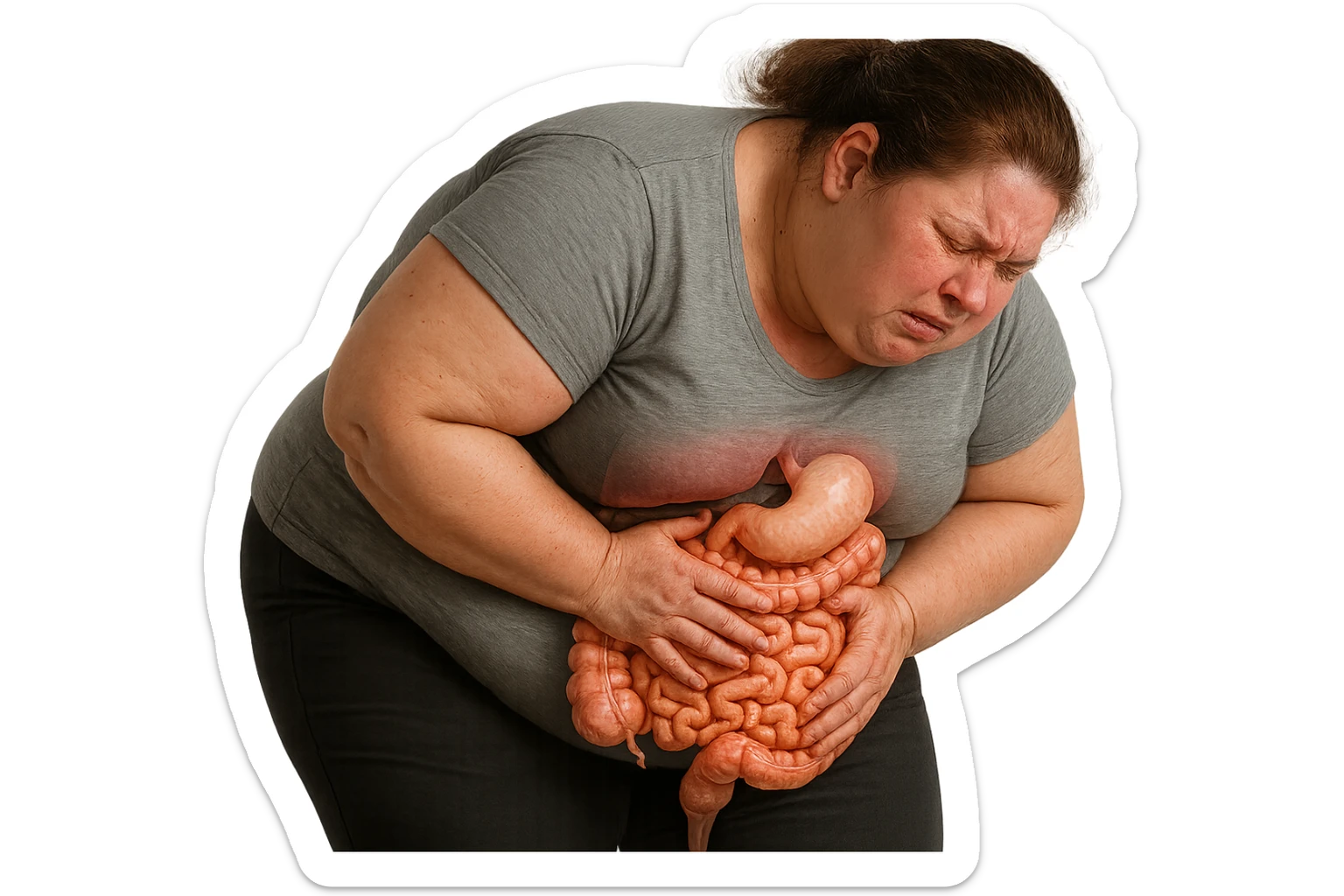 DONNA OBESA PIEGATA IN AVANTI CON INTESTINO ANATOMICO IN EVIDENZA, MAL DI PANCIA iperrealistico 4k sticker