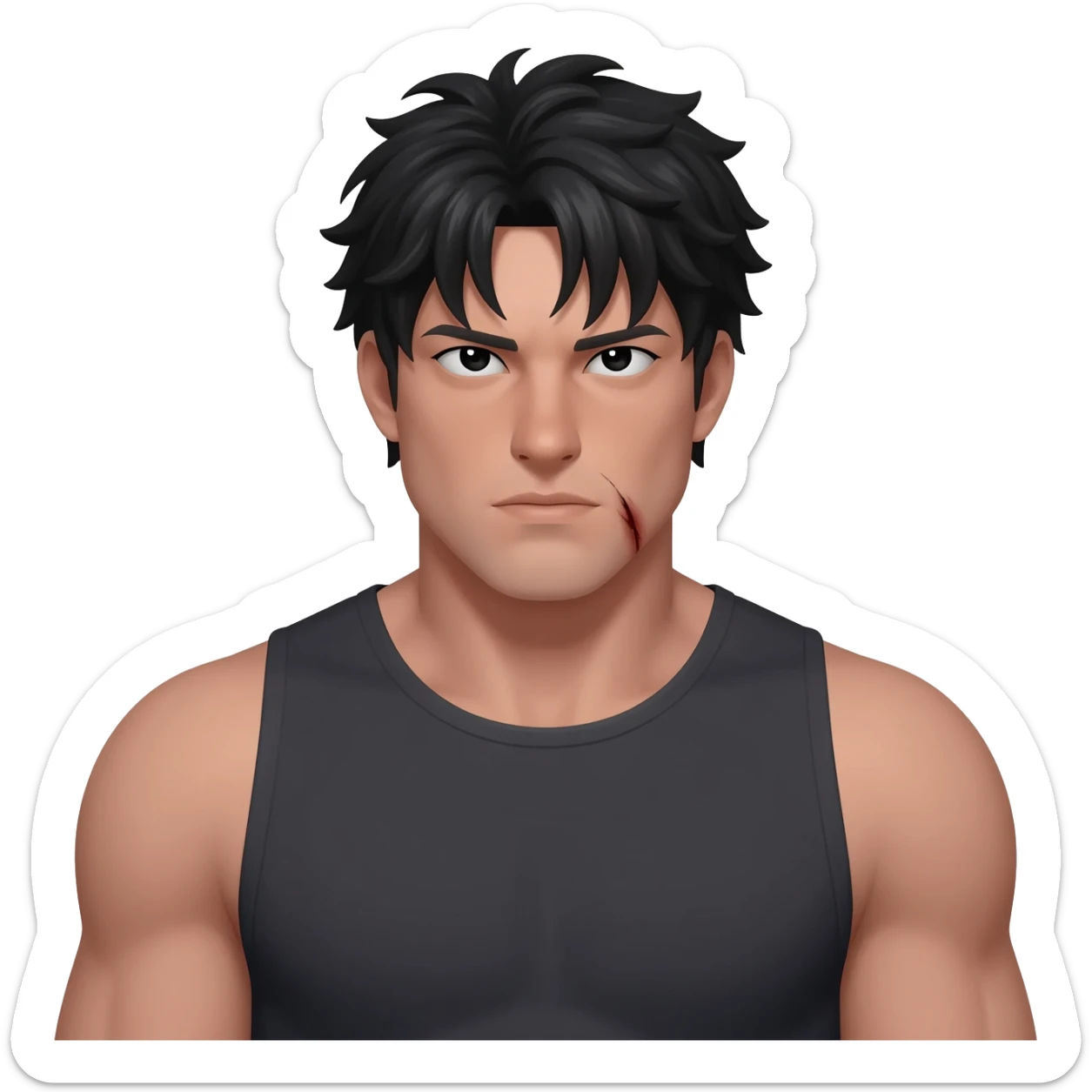 hombre alto y muy musculoso, cabello negro corto y algo despeinado, ojos pequeños y afilados con mirada fría. Cicatriz marcada en la comisura de la boca. Vestimenta simple y oscura que resalta su complexión fuerte. sticker
