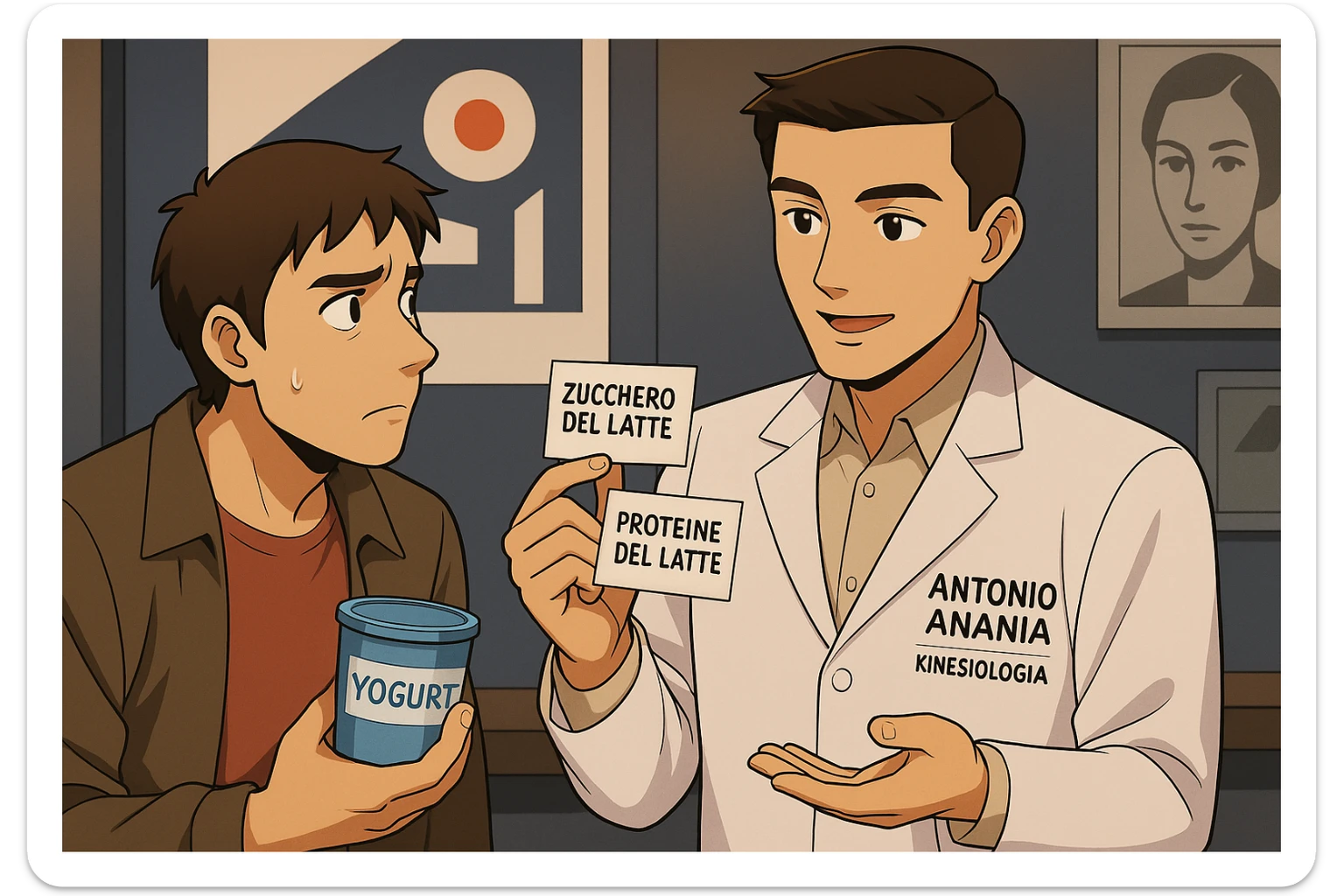 fai un webtoon manga a colori con questo stile, in cui un uomo ASCOLTA Il kinesiologo con il camice bianco (fagli anche la scritta "ANTONIO ANANIA" SUL CAMICE, IL KINESIOLOGO SPIEGA ALL'UOMO UNA COSA TENENDO DUE FOGLIETTINI IN MANO, UNO CON LA SCRITTA "ZUCCHERO DEL LATTE" E UNA CON LA SCRITTA "PROTEINE DEL LATTE". L'UOMO OSSERVA LO YOGURT CHE HA IN MANO CON ESPRESSIONE DUBBIOSA IN VOLTO. non fare i fumetti però, fai solo in modo che sembri stiano parlando sticker