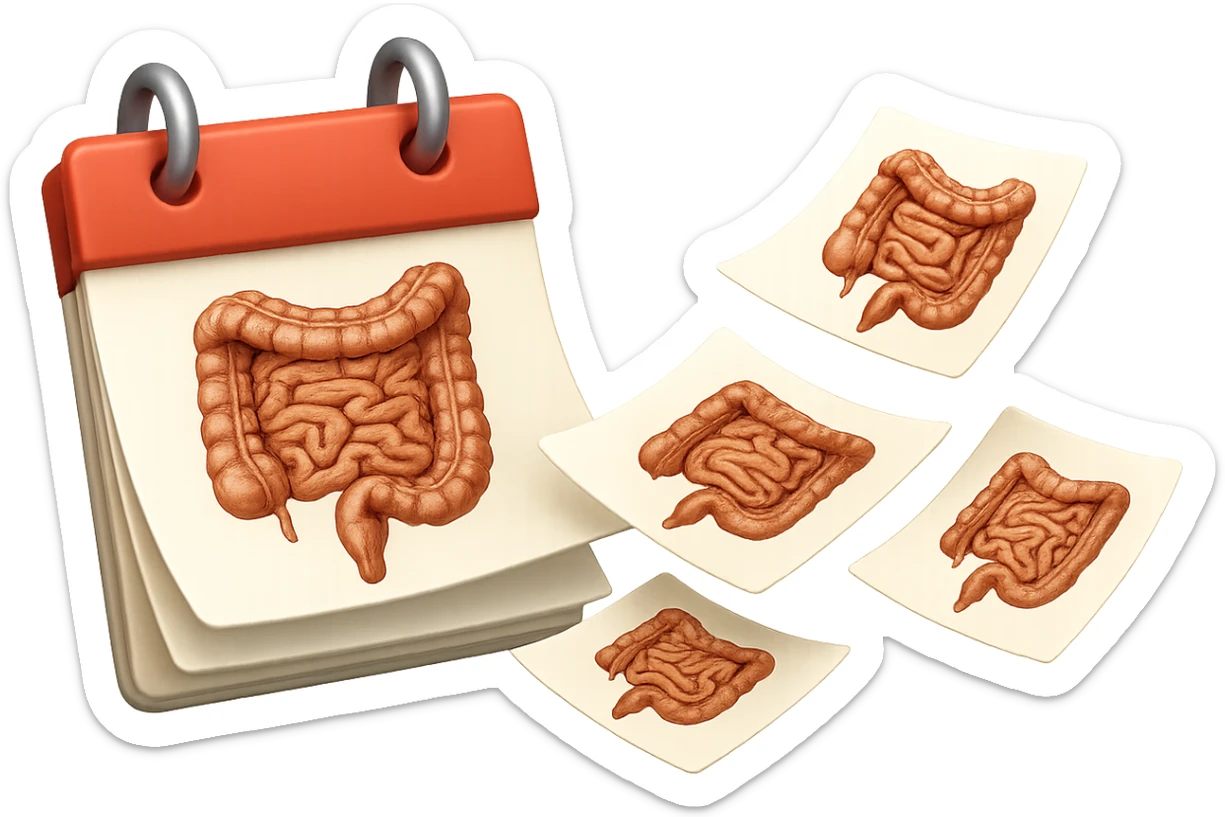 emoji stile iphone di un calendario con fogli che volano insieme, sui fogli ci sono disegnati degli intestini anatomici, iperrealistico 4k, isolato su sfondo bianco sticker