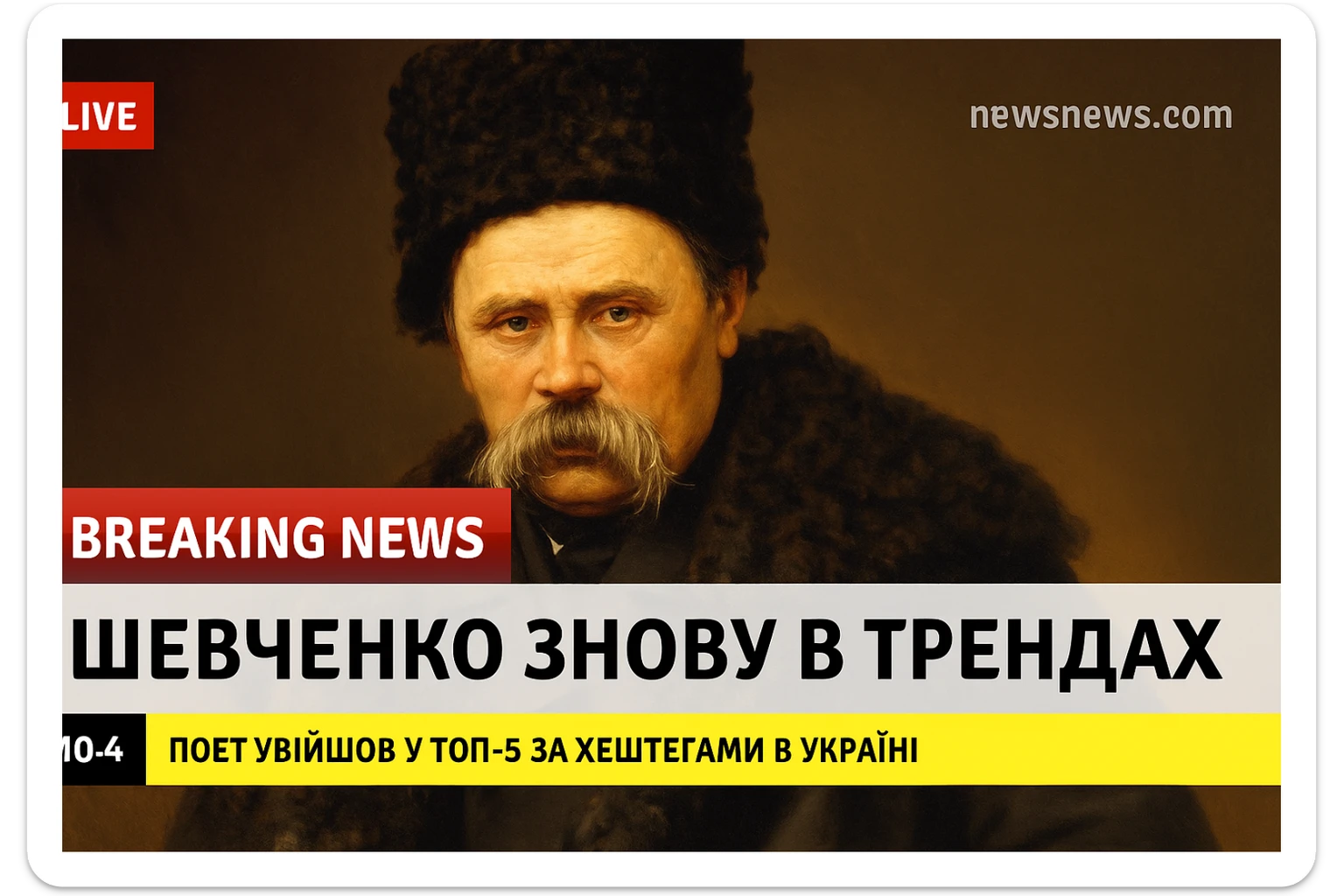 A realistic screenshot of a television news broadcast with an emergency report about Ukrainian poet Taras Shevchenko.
A downloaded image was used in the composition.
In the lower third of the screen, the headline "Шевченко знову в трендах" is displayed in large bold font,
and below it is a concise news ticker with the text "Поет увійшов у ТОП-5 за хештегами в Україні",
which provides brief updates.
The colour palette is clear and professional, with contrasting tones
characteristic of authoritative news channels.
The entire scene conveys the urgency and drama inherent in live news broadcasts. sticker